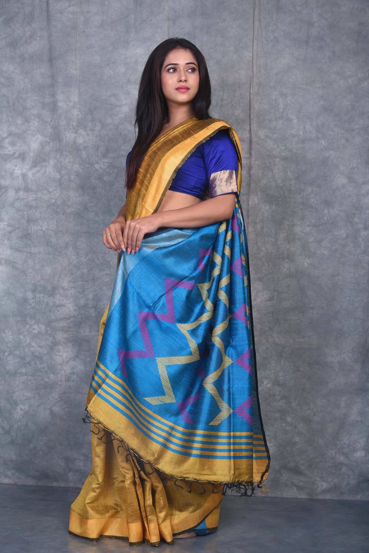Golden Yellow Shade Handwoven Tussar Dupion Raw Silk Saree | KIHUMS Saree kihums clothing