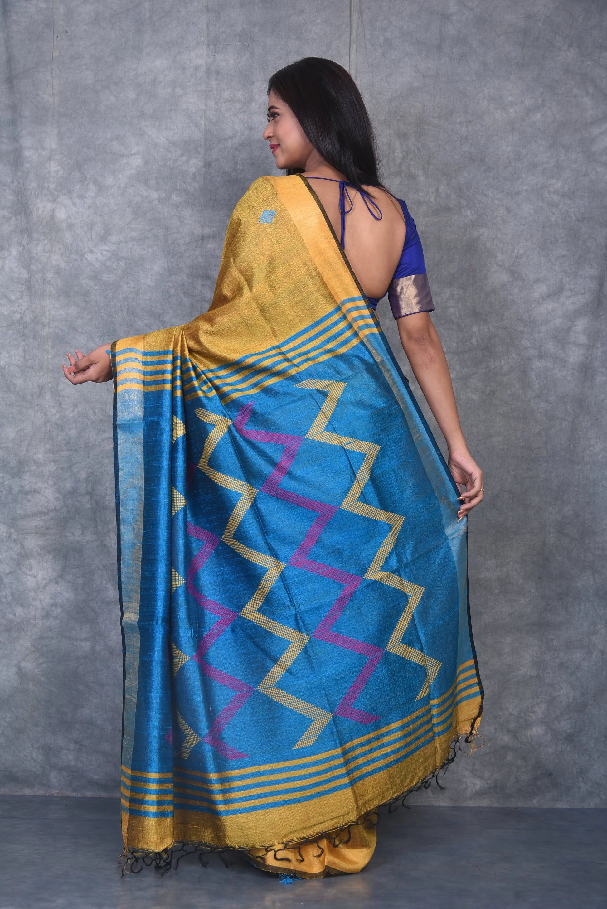 Golden Yellow Shade Handwoven Tussar Dupion Raw Silk Saree | KIHUMS Saree kihums clothing