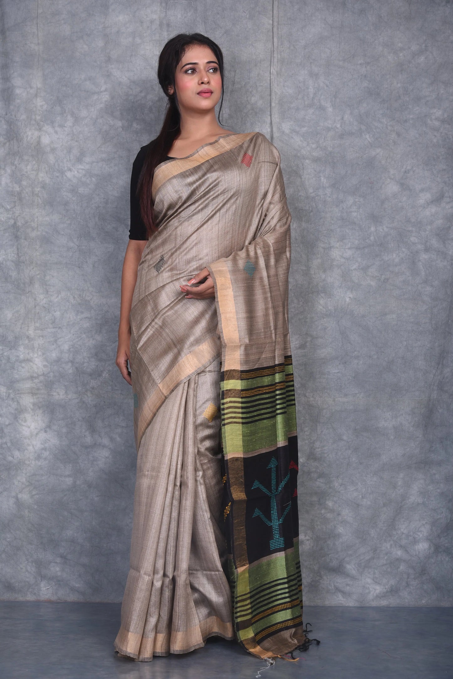 Natural Silk Shade Handwoven Tussar Dupion Raw Silk Saree | KIHUMS Saree kihums clothing
