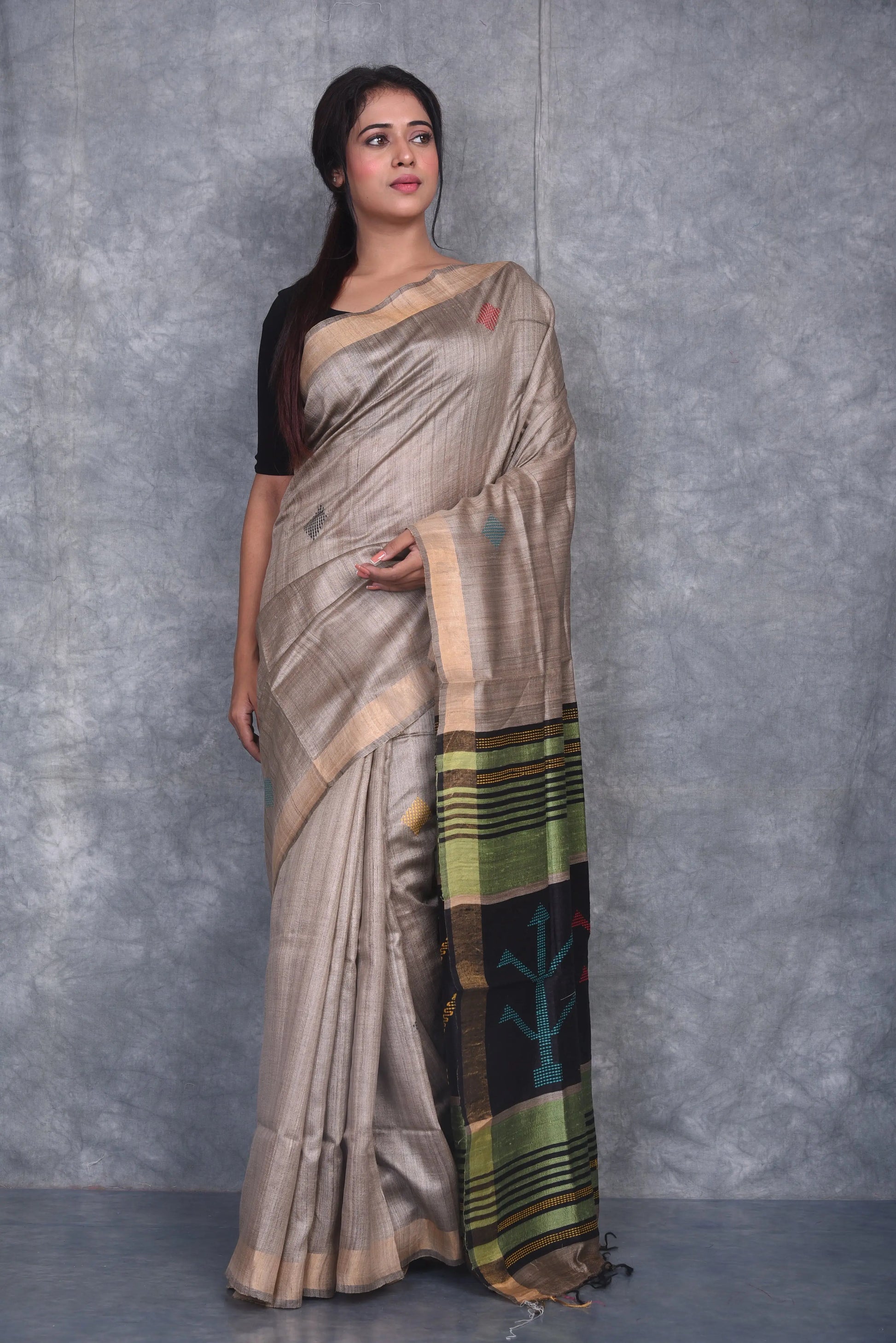 Natural Silk Shade Handwoven Tussar Dupion Raw Silk Saree | KIHUMS Saree kihums clothing