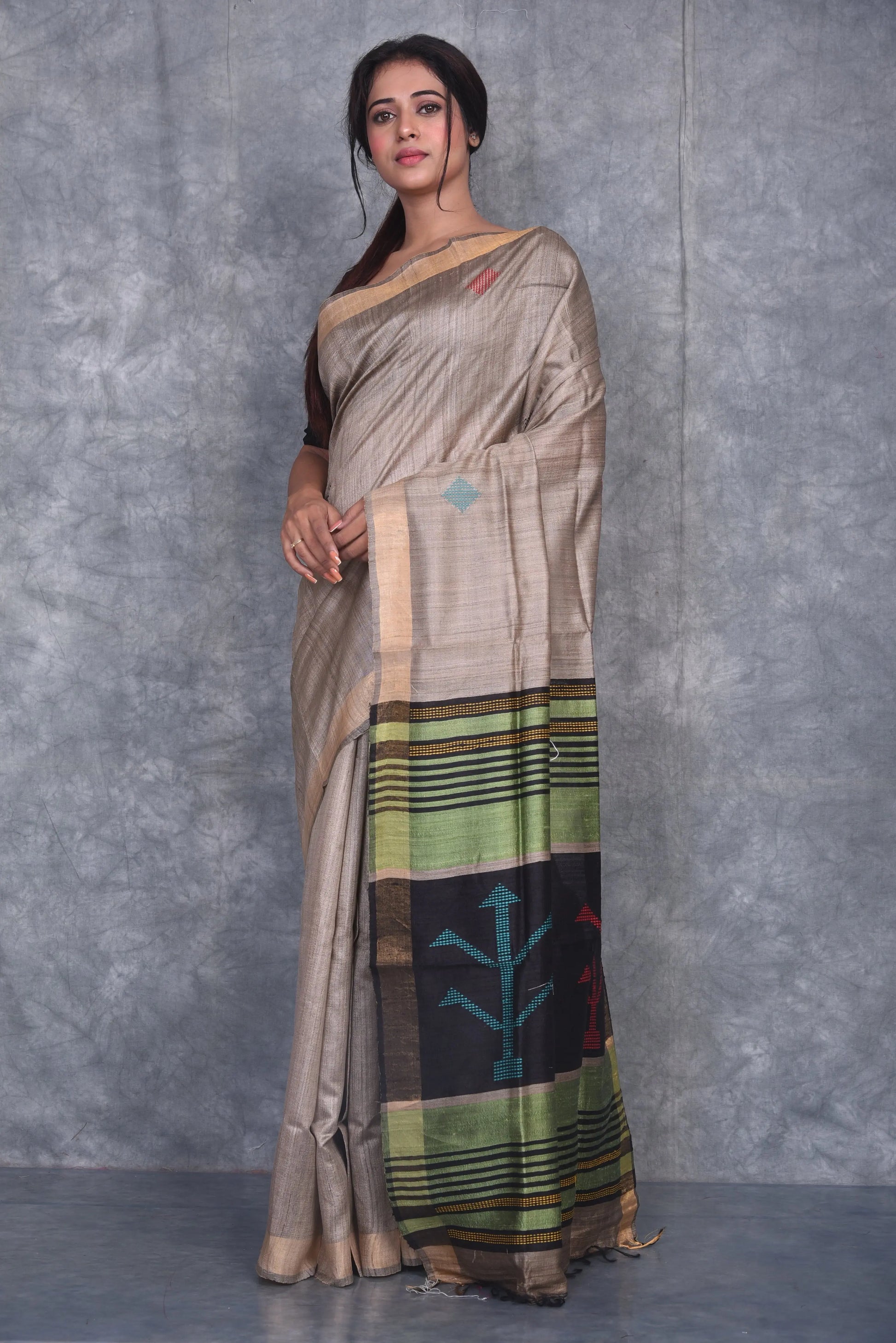 Natural Silk Shade Handwoven Tussar Dupion Raw Silk Saree | KIHUMS Saree kihums clothing