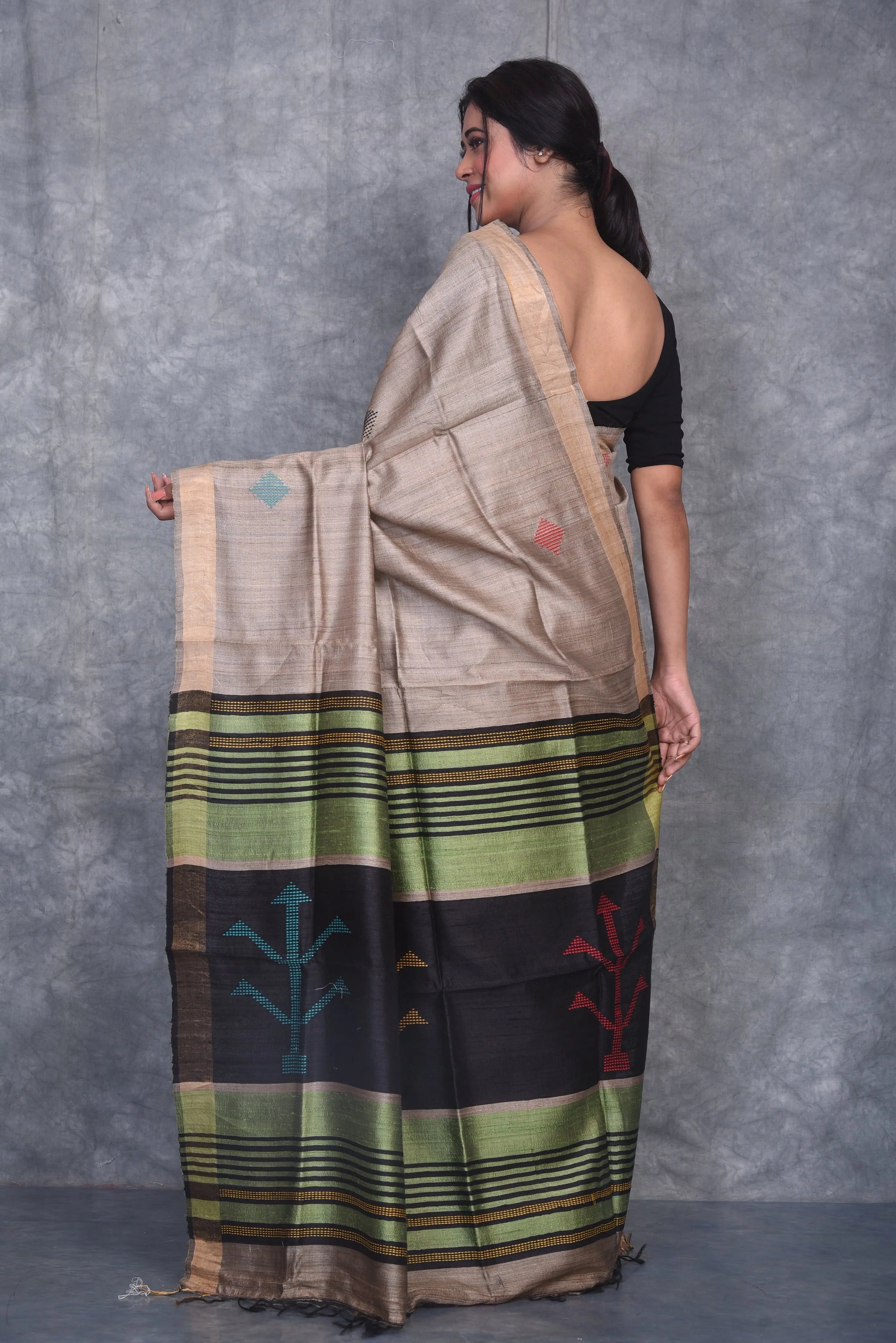 Natural Silk Shade Handwoven Tussar Dupion Raw Silk Saree | KIHUMS Saree kihums clothing