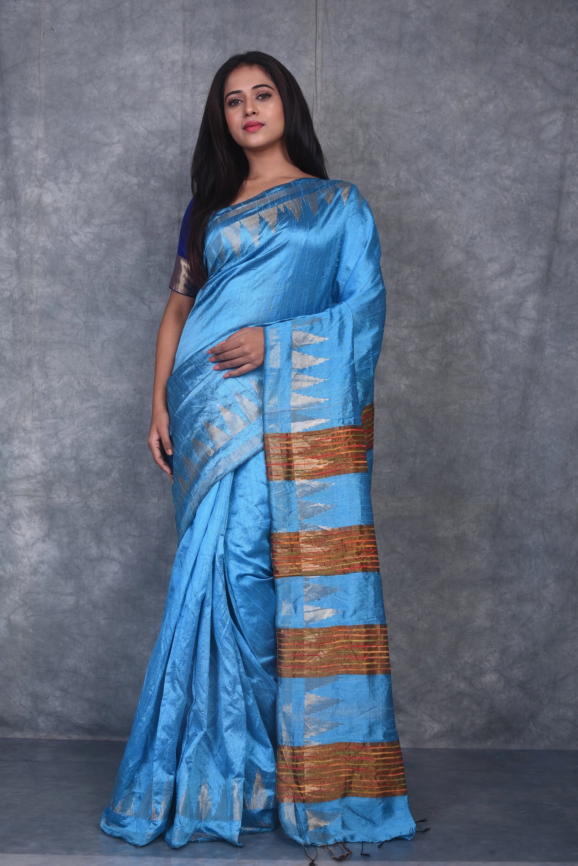 Blue Shade Handwoven Tussar Dupion Raw Silk Saree | KIHUMS Saree kihums clothing