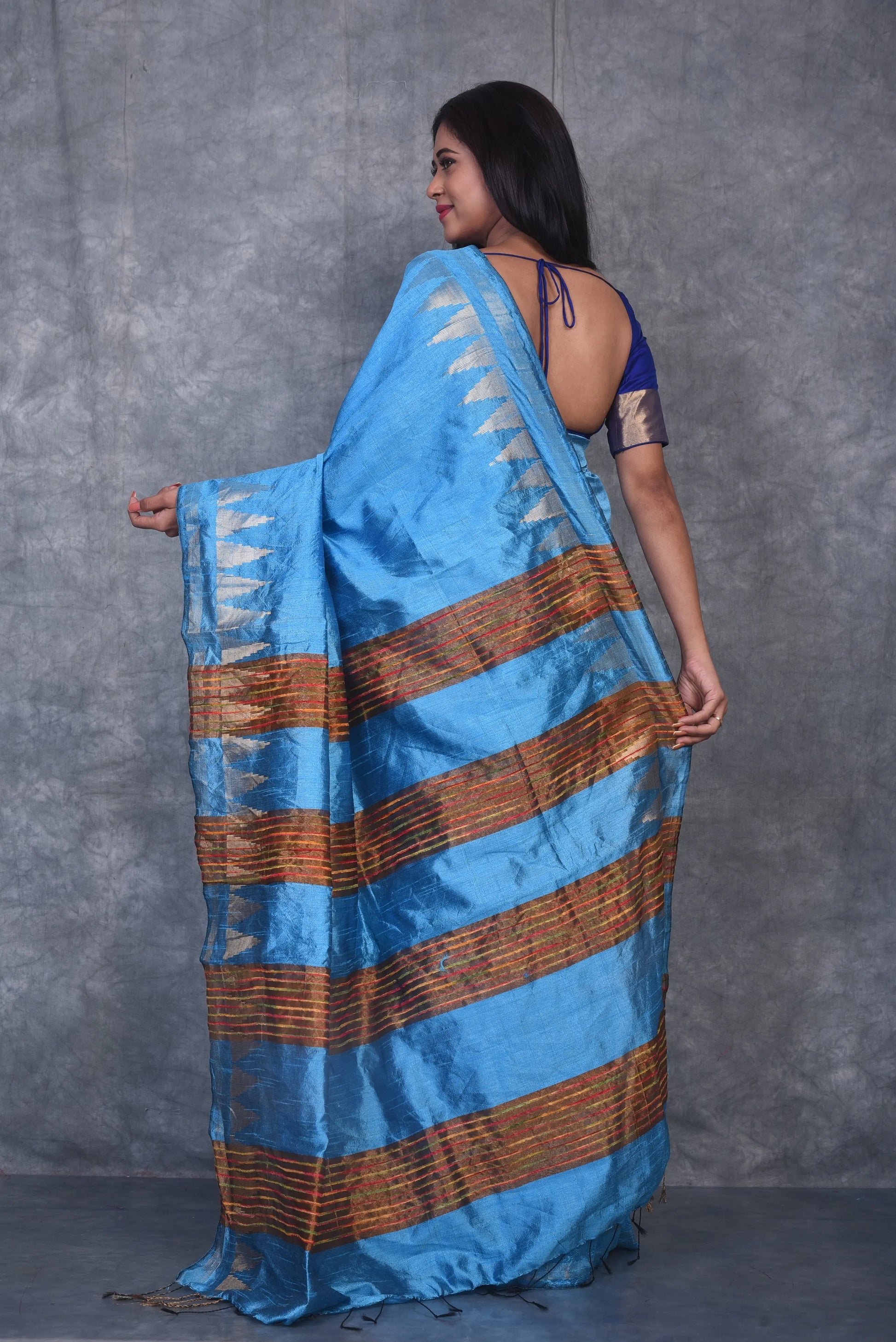Blue Shade Handwoven Tussar Dupion Raw Silk Saree | KIHUMS Saree kihums clothing