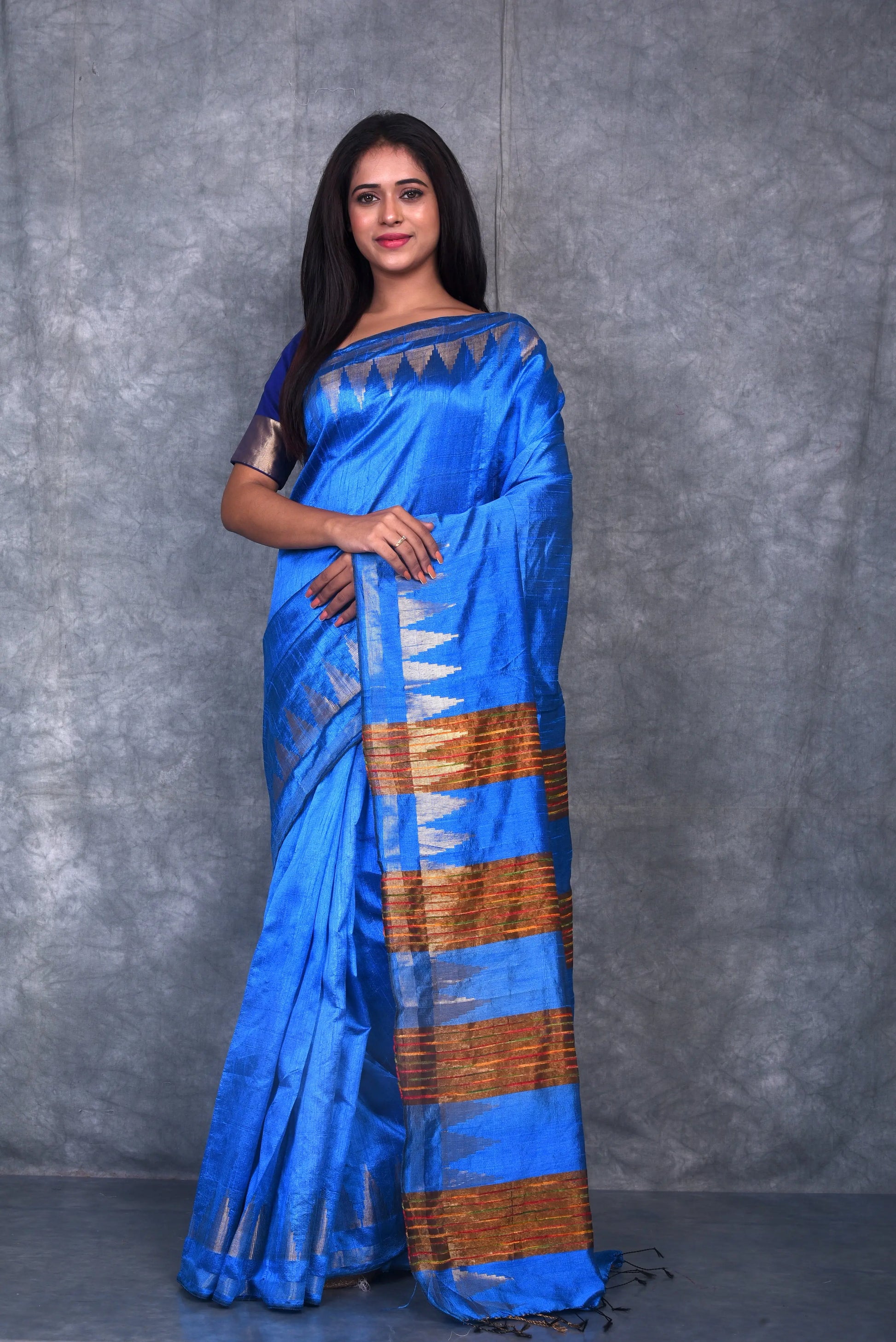 Blue Shade Handwoven Tussar Dupion Raw Silk Saree | KIHUMS Saree kihums clothing