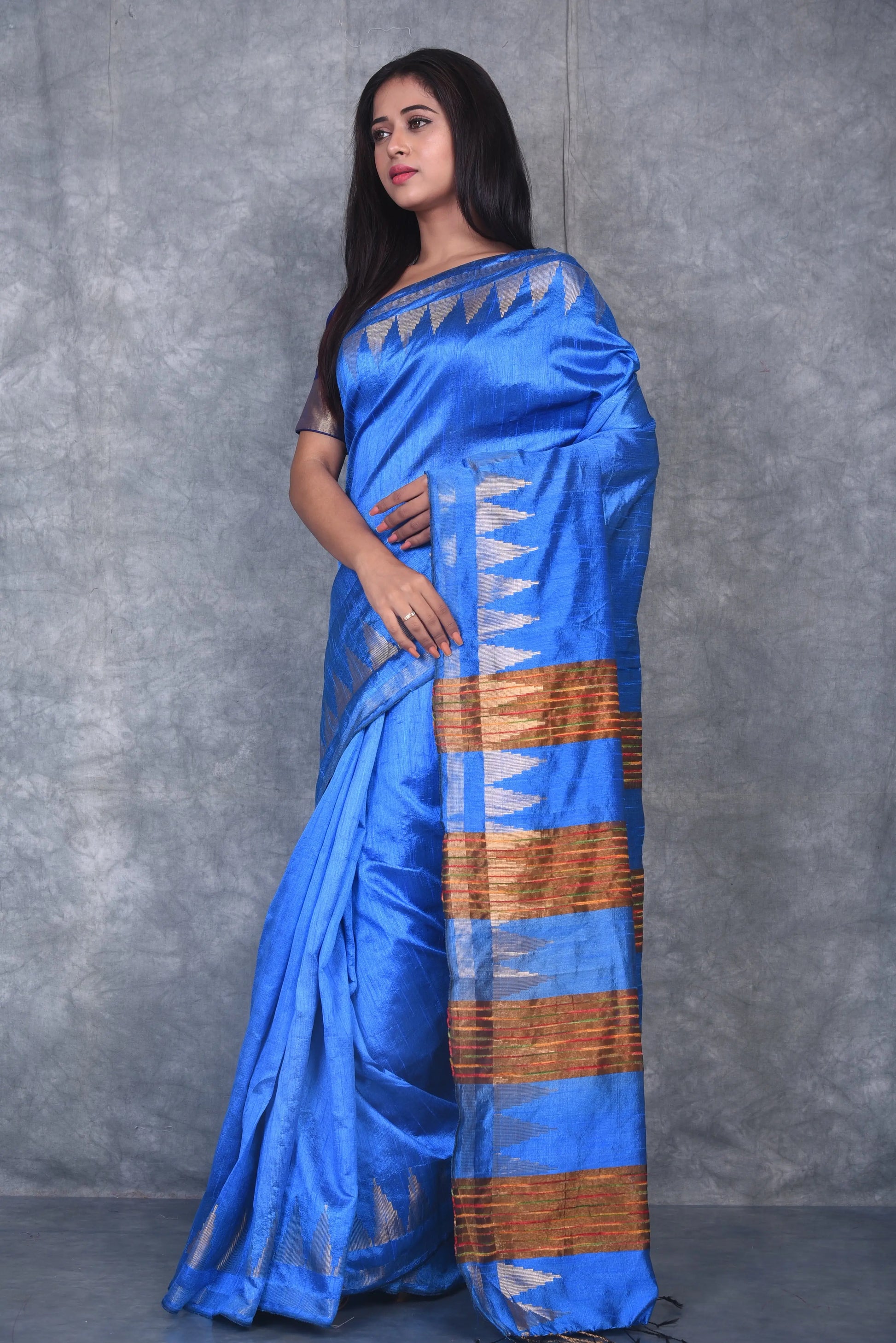 Blue Shade Handwoven Tussar Dupion Raw Silk Saree | KIHUMS Saree kihums clothing