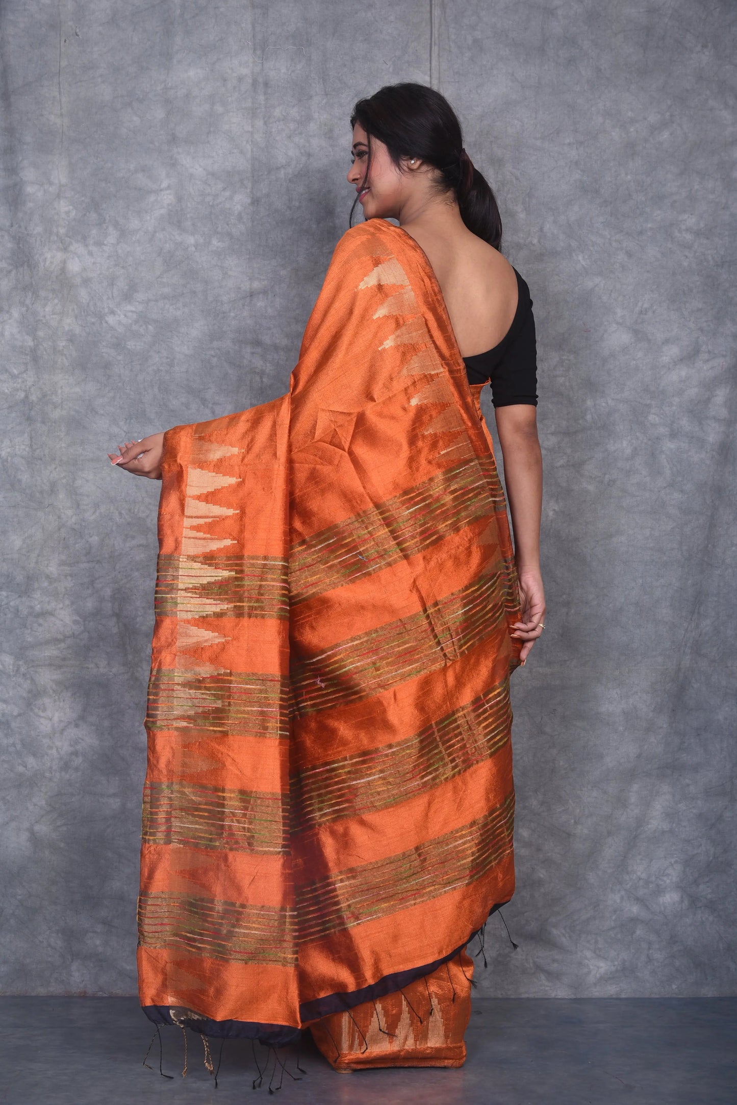 Orange Shade Handwoven Tussar Dupion Raw Silk Saree | KIHUMS Saree kihums clothing