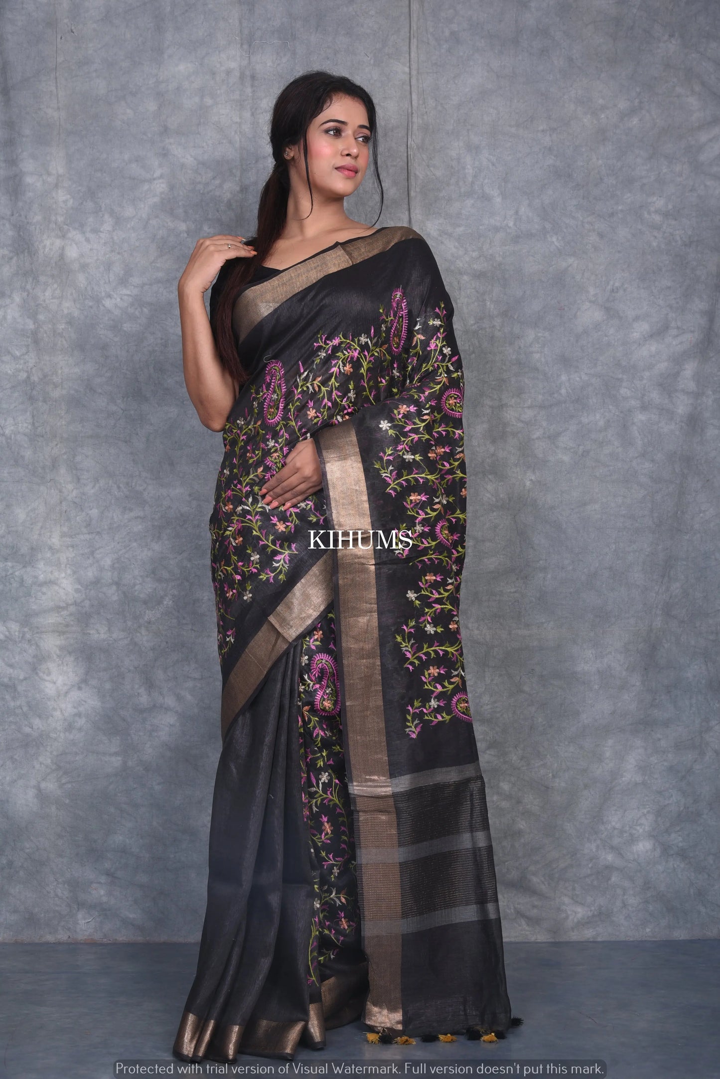 Black Handwoven Linen Saree with Embroidery Work | Gold Zari Border | KIHUMS Saree kihums clothing