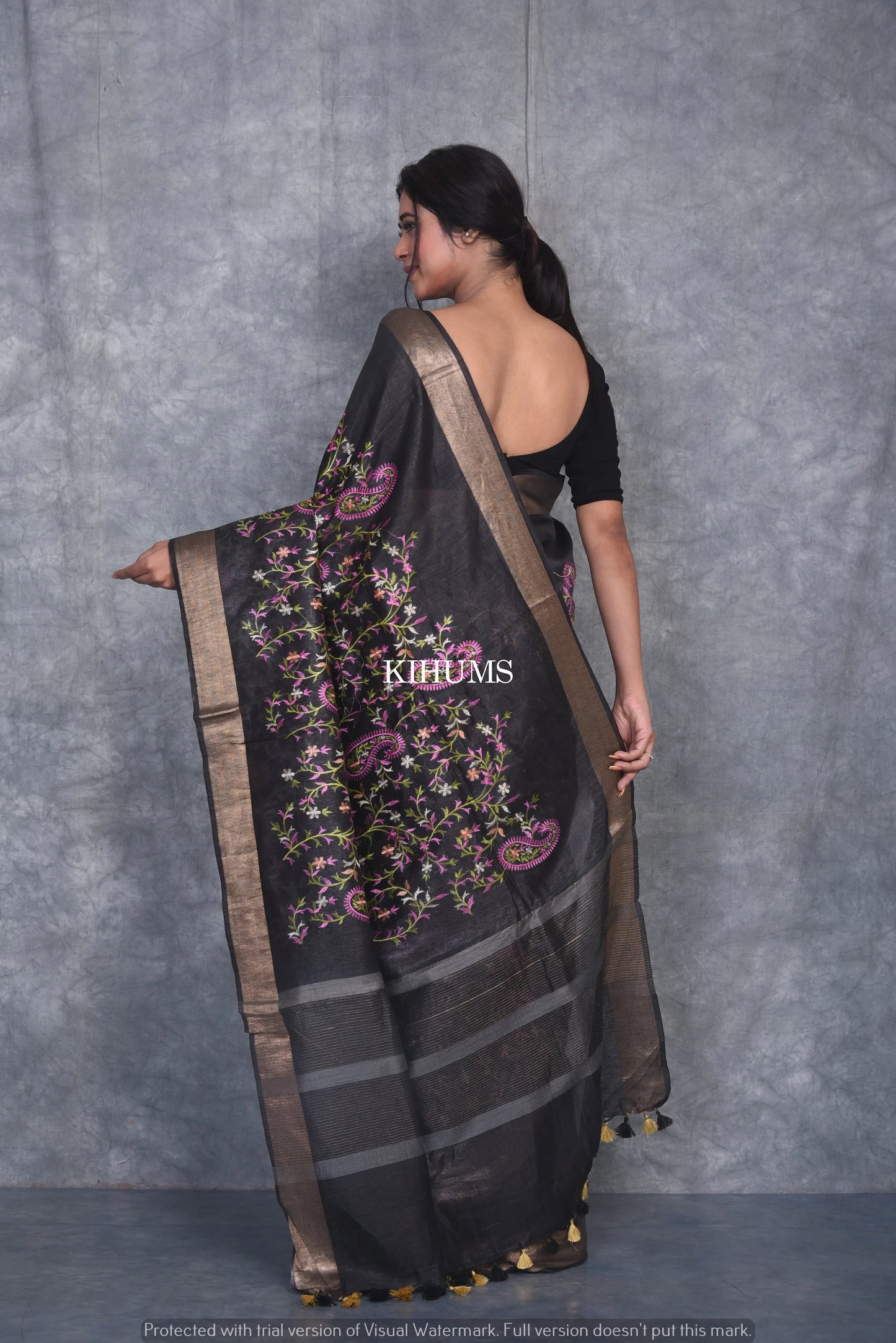 Black Handwoven Linen Saree with Embroidery Work | Gold Zari Border | KIHUMS Saree kihums clothing