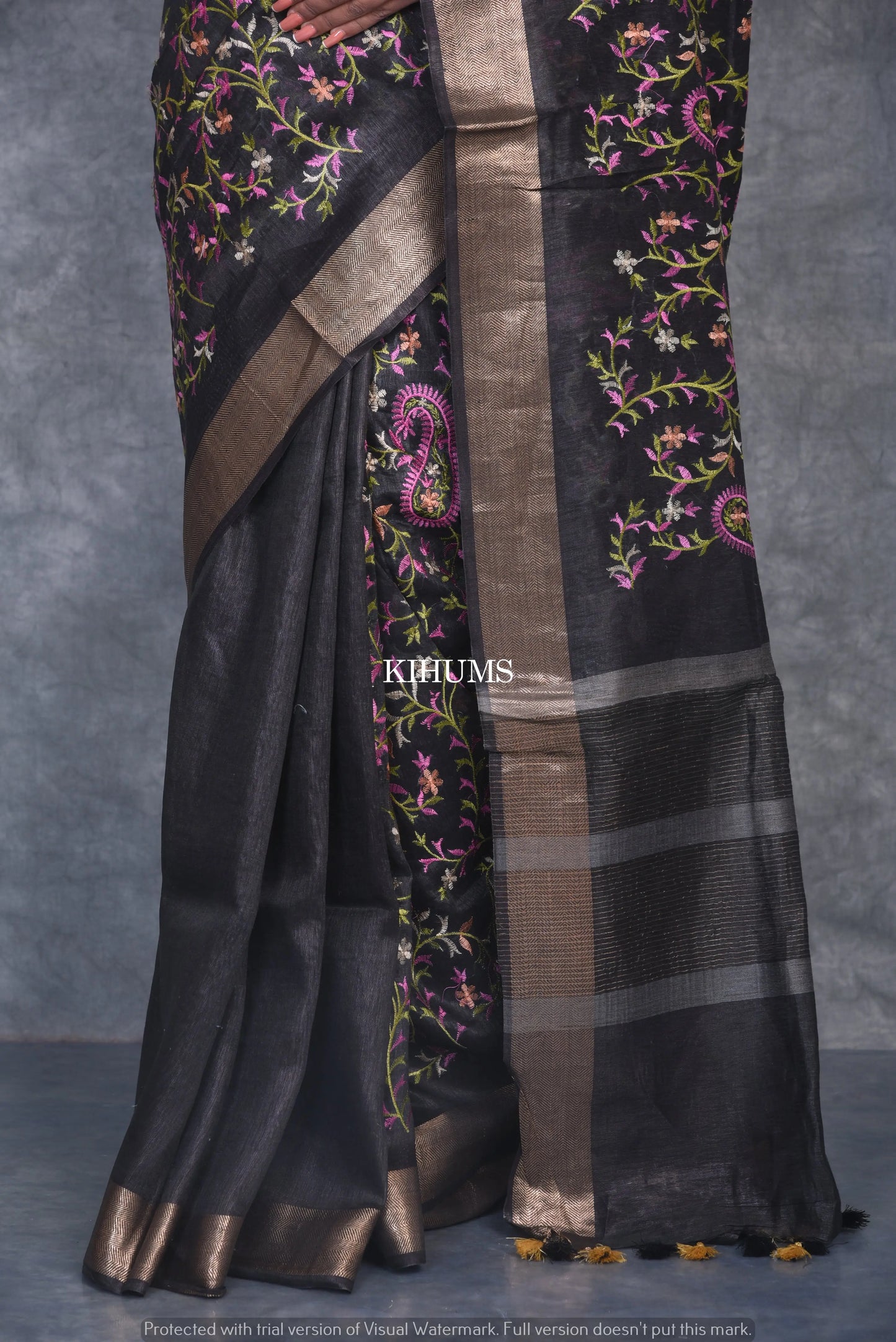 Black Handwoven Linen Saree with Embroidery Work | Gold Zari Border | KIHUMS Saree kihums clothing