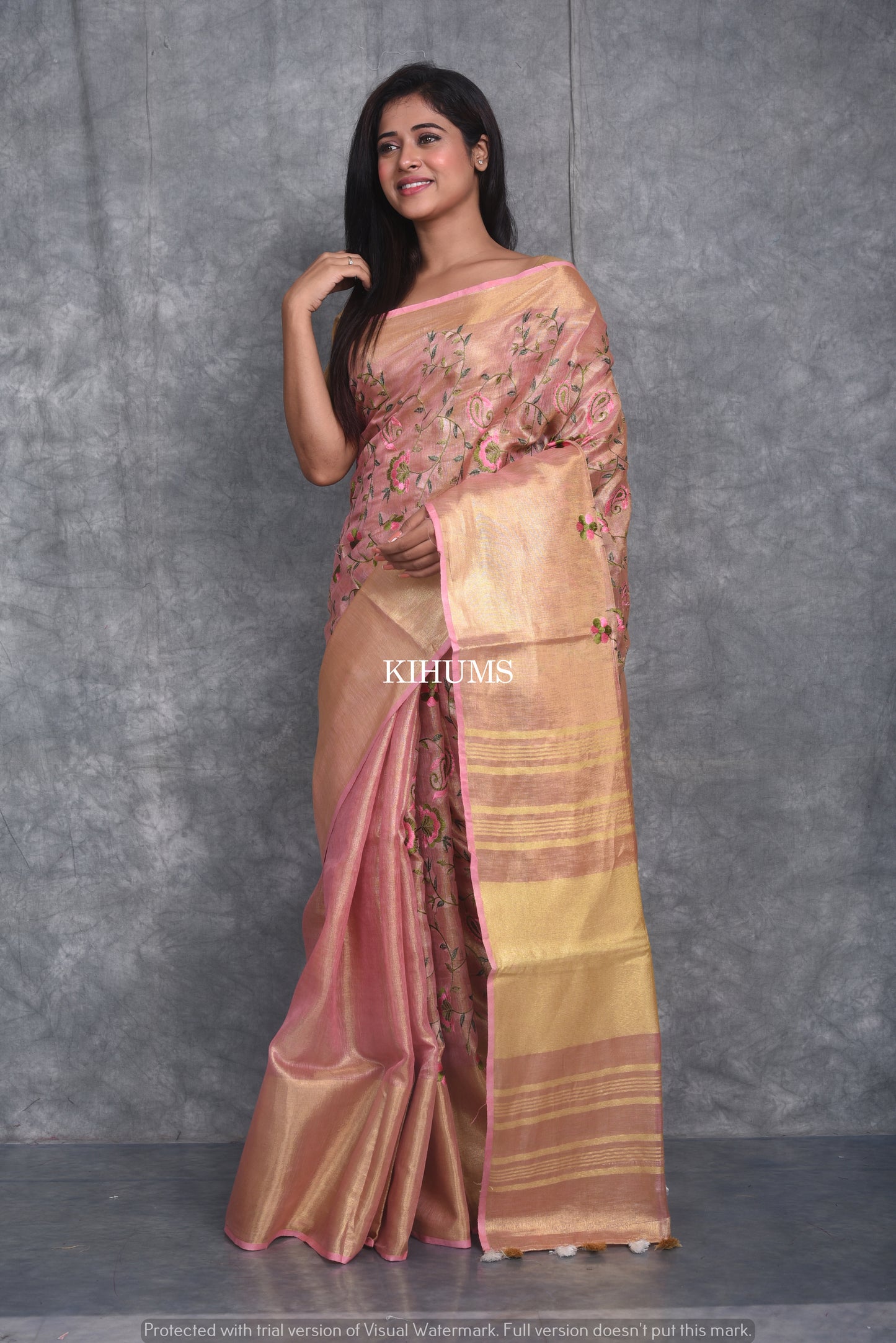 Light pink Gold Shade Handwoven Linen Saree with Embroidery Work | Gold Zari Border | KIHUMS Saree