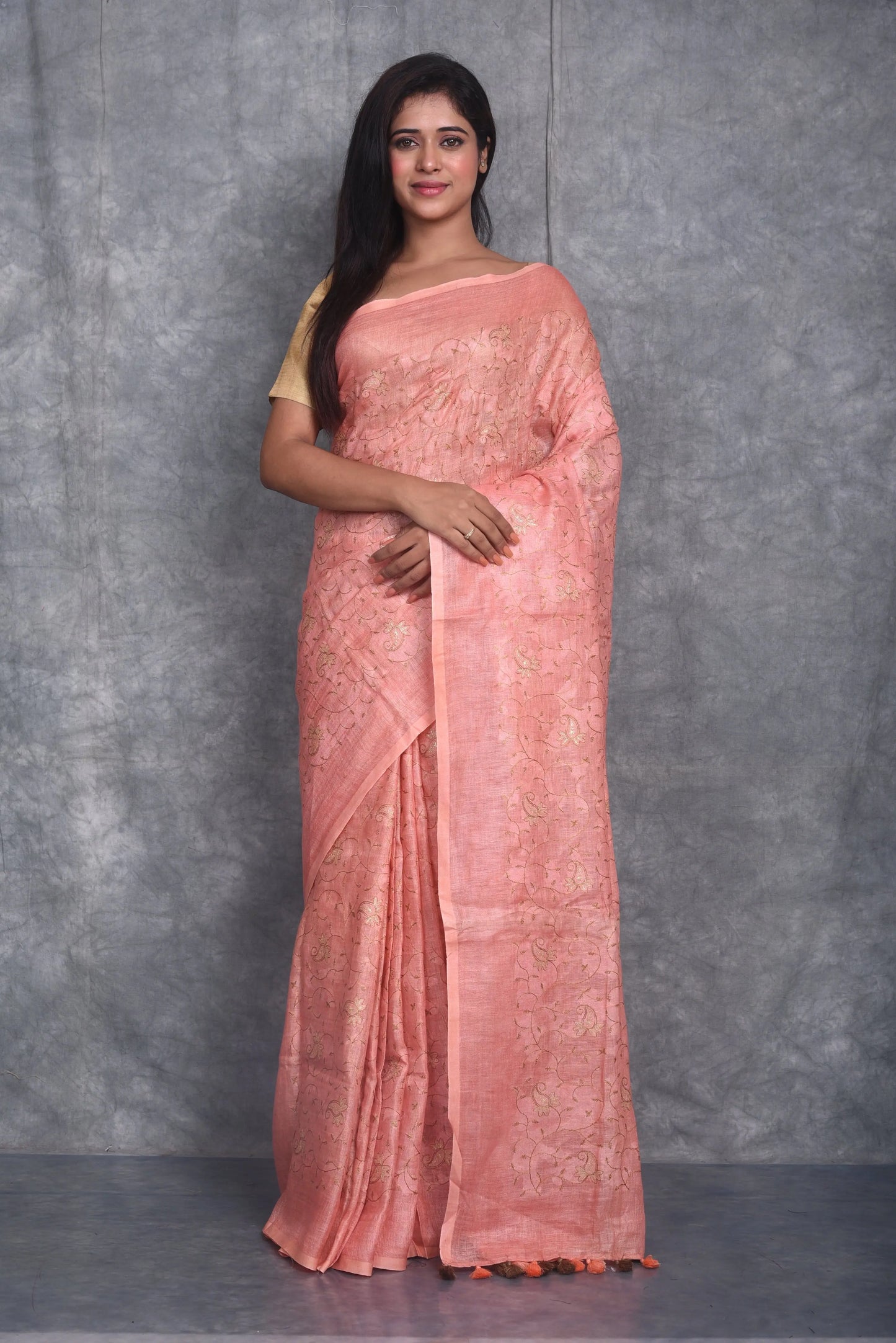 Pastel shade Handmade Pure Linen Saree | Embroidered Saree | Silver Zari Border | KIHUMS Saree