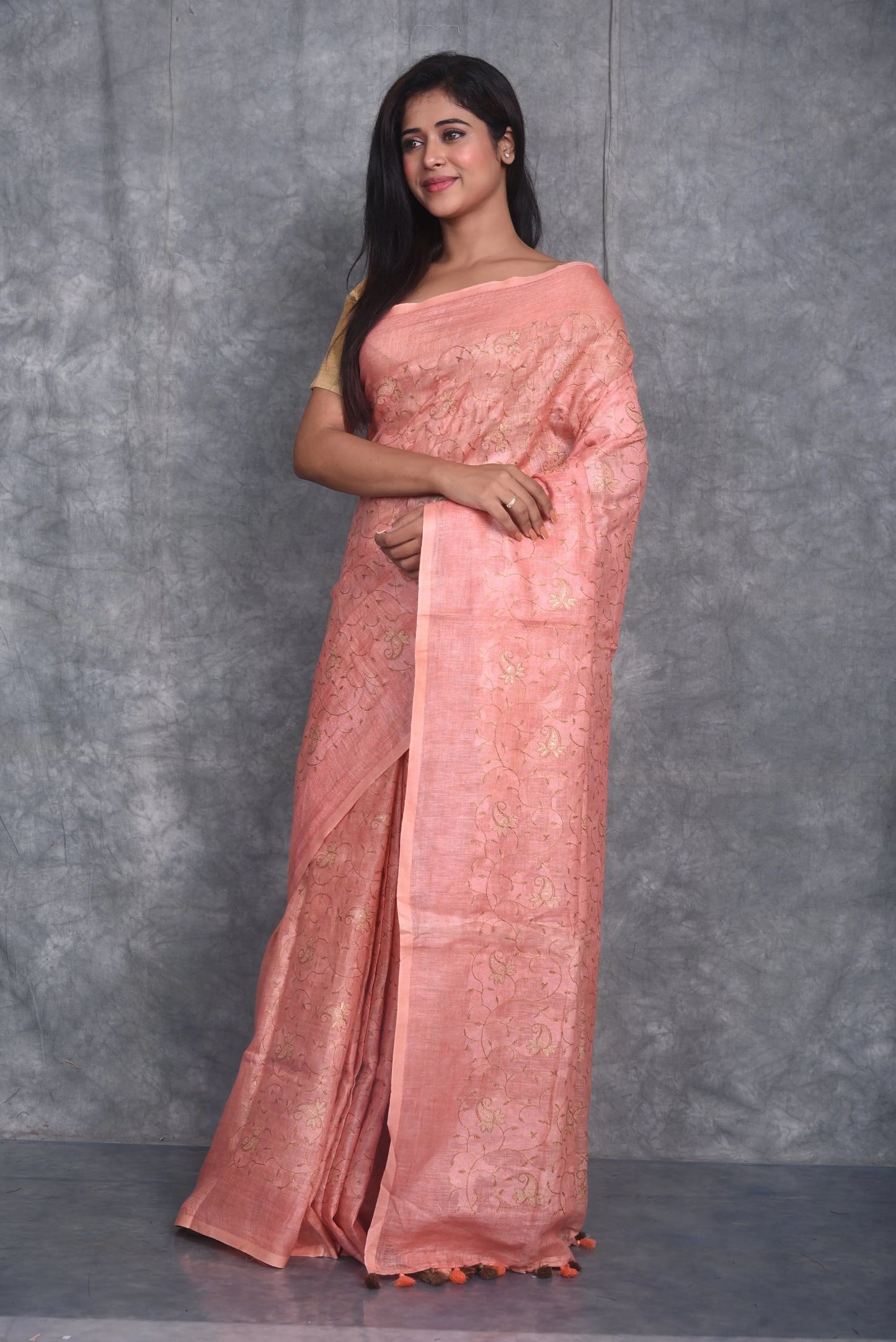 Pastel shade Handmade Pure Linen Saree | Embroidered Saree | Silver Zari Border | KIHUMS Saree
