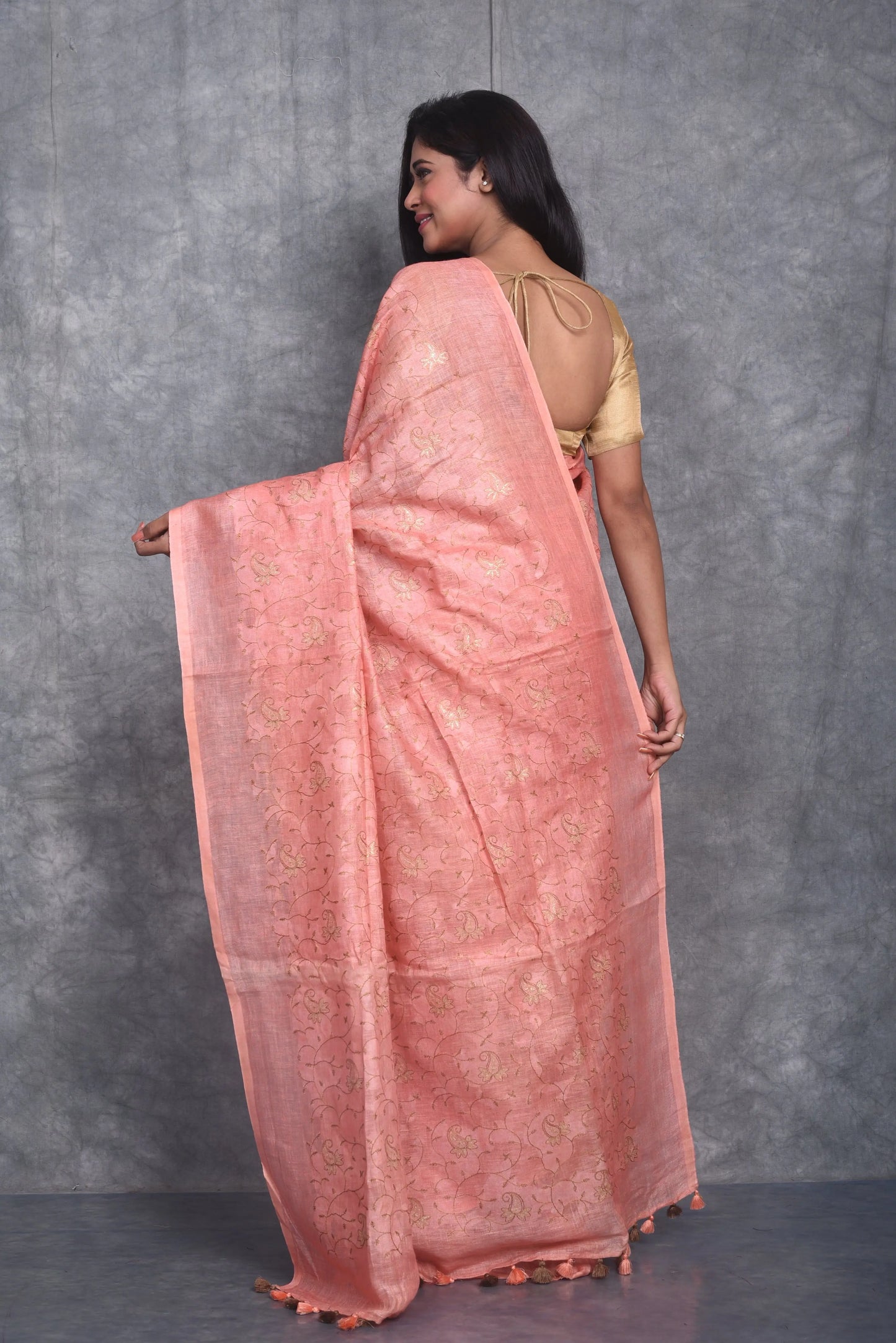 Pastel shade Handmade Pure Linen Saree | Embroidered Saree | Silver Zari Border | KIHUMS Saree