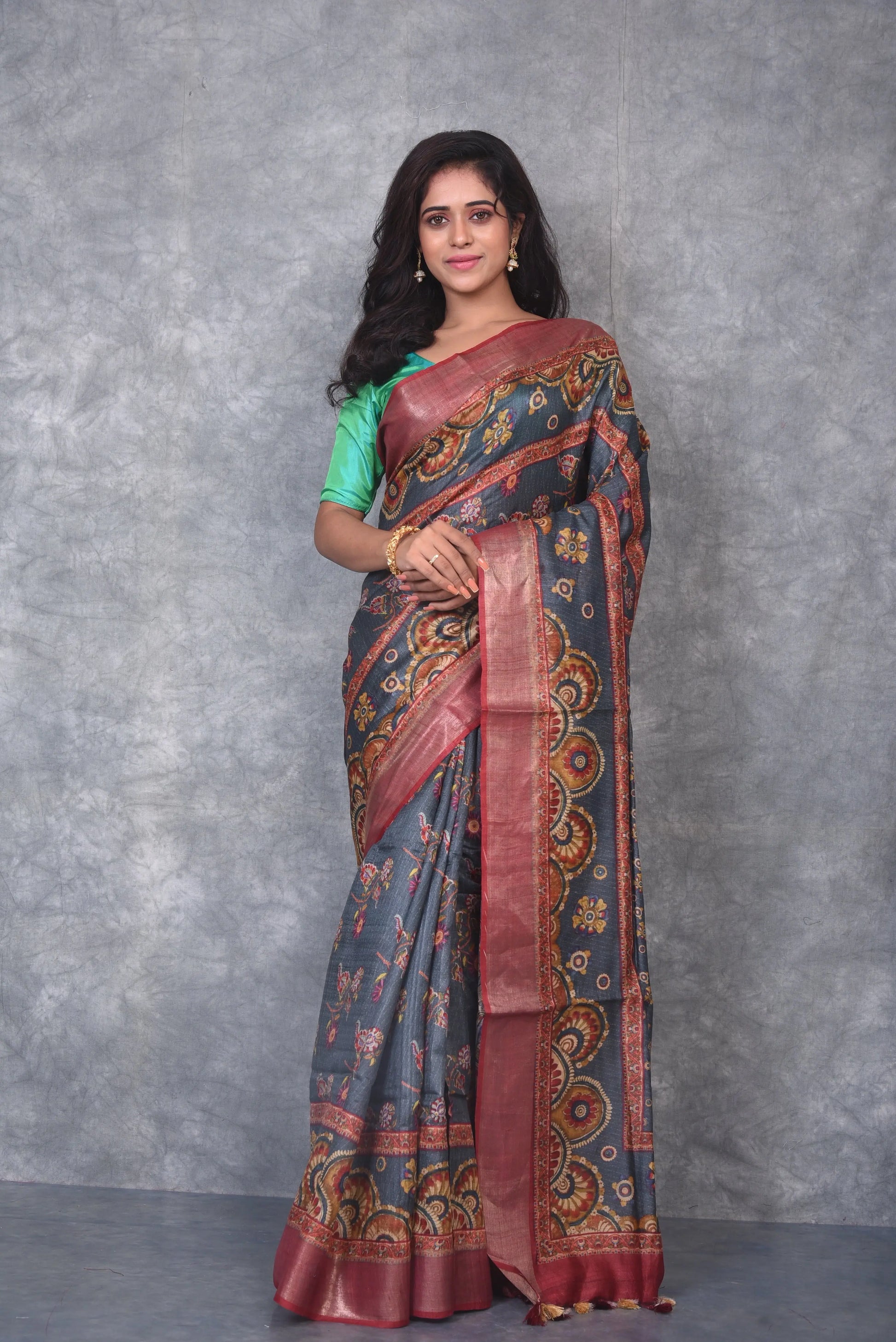 Grey Shade Handwoven Desi Tussar Raw Silk Saree with Digital print| KIHUMS Saree kihums clothing
