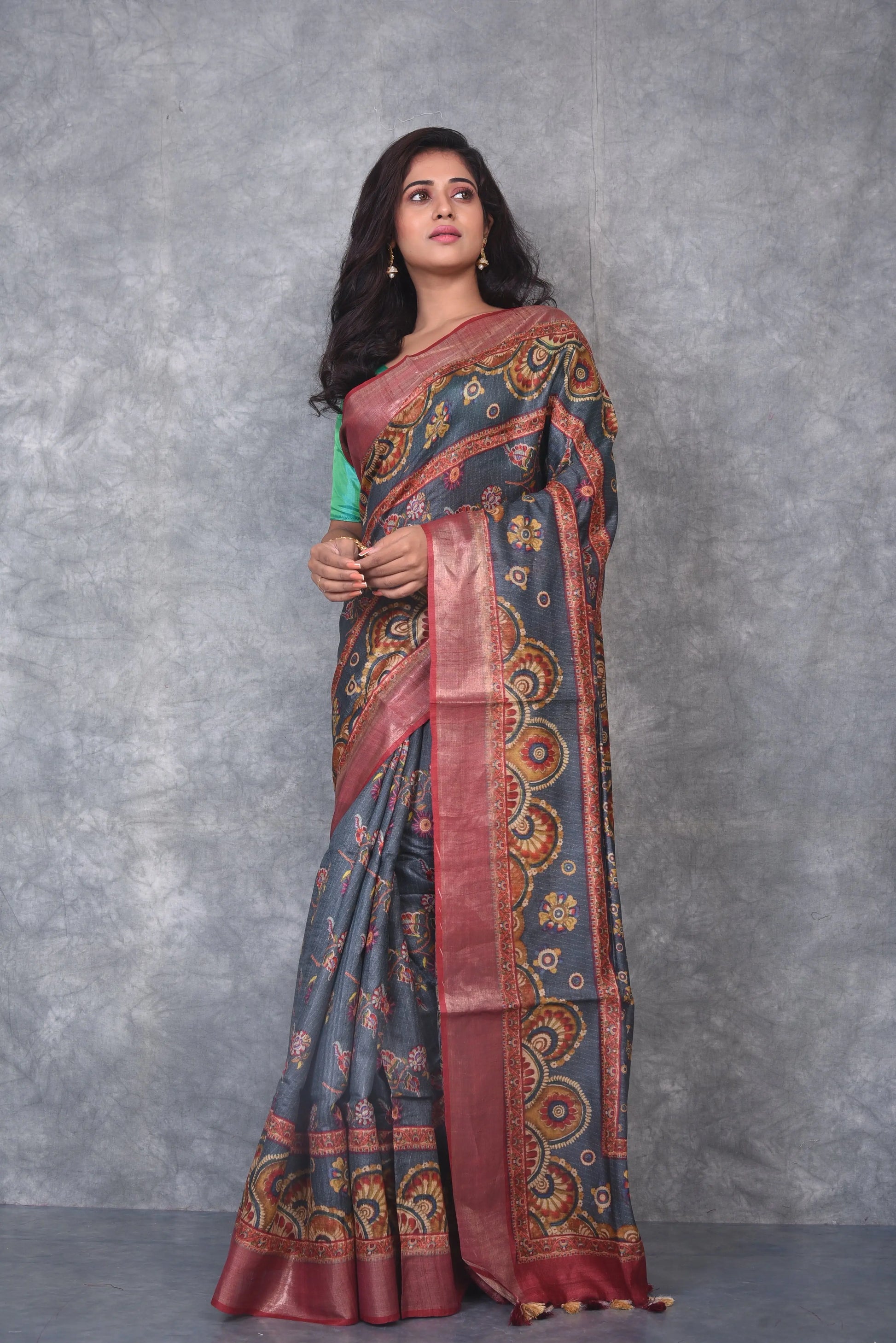 Grey Shade Handwoven Desi Tussar Raw Silk Saree with Digital print| KIHUMS Saree kihums clothing