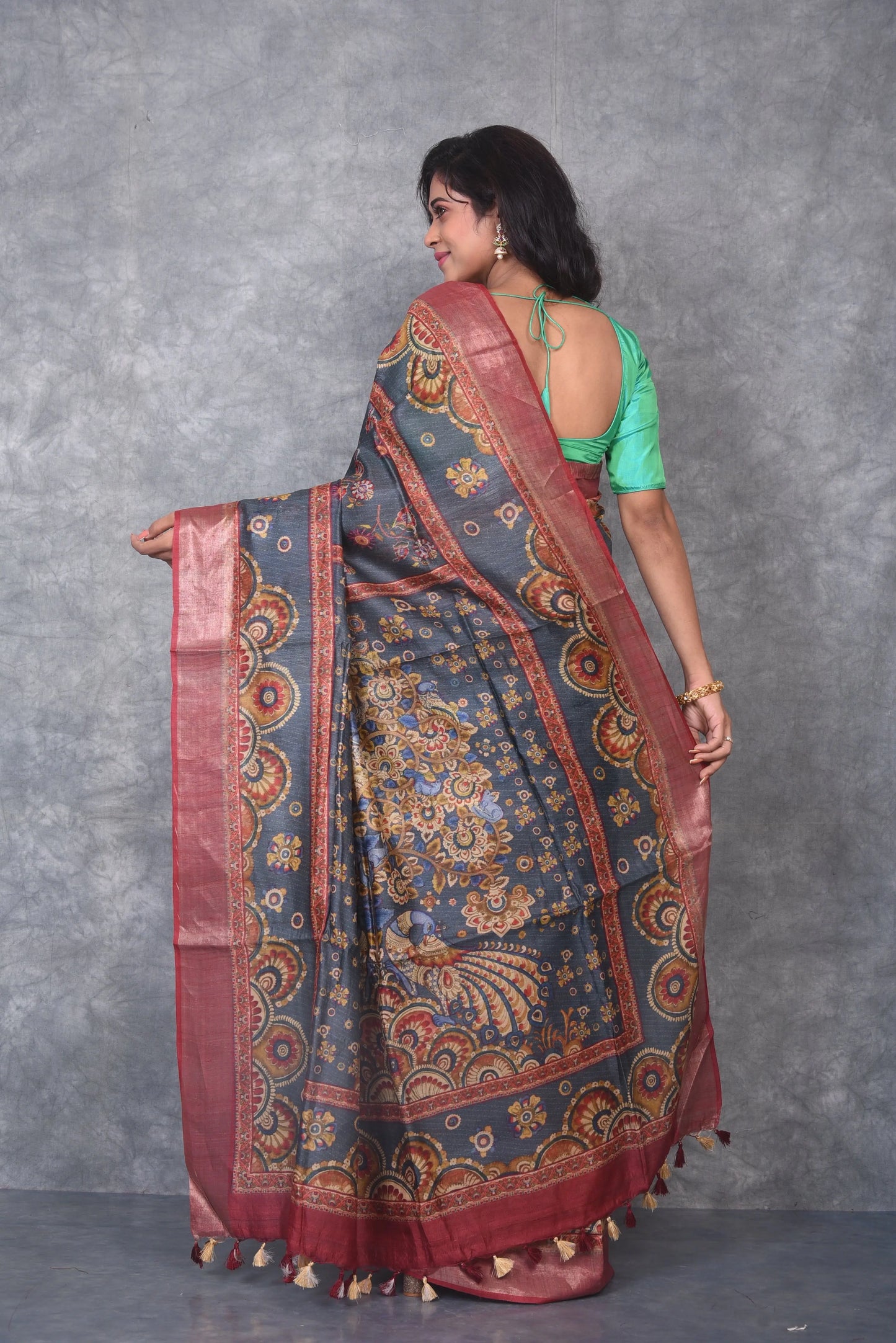 Grey Shade Handwoven Desi Tussar Raw Silk Saree with Digital print| KIHUMS Saree kihums clothing