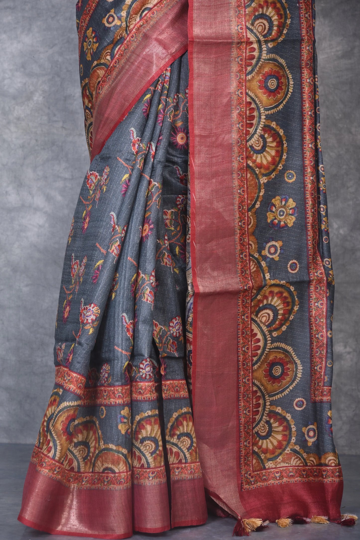 Grey Shade Handwoven Desi Tussar Raw Silk Saree with Digital print| KIHUMS Saree kihums clothing
