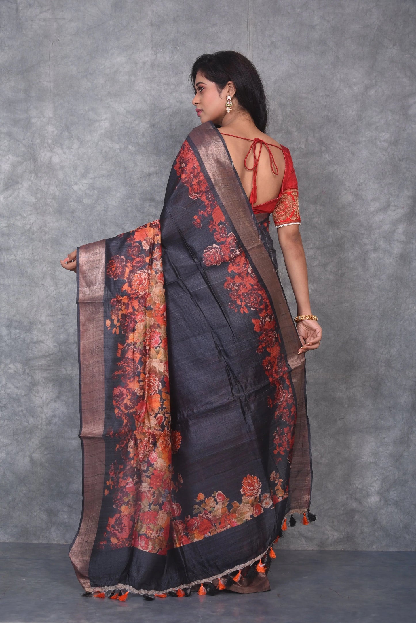 Black Shade Handwoven Desi Tussar Raw Silk Saree with Digital print| KIHUMS Saree kihums clothing