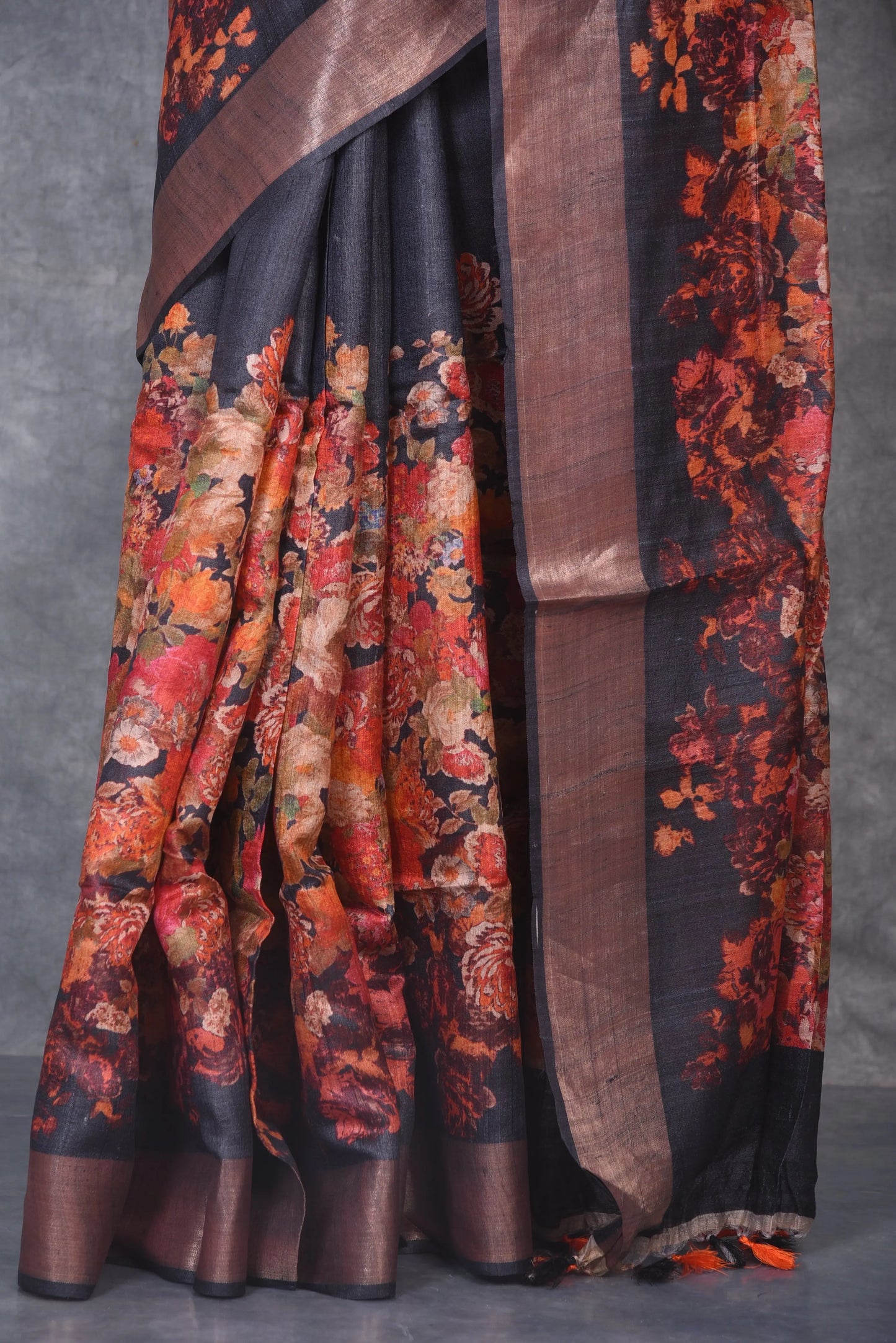 Black Shade Handwoven Desi Tussar Raw Silk Saree with Digital print| KIHUMS Saree kihums clothing