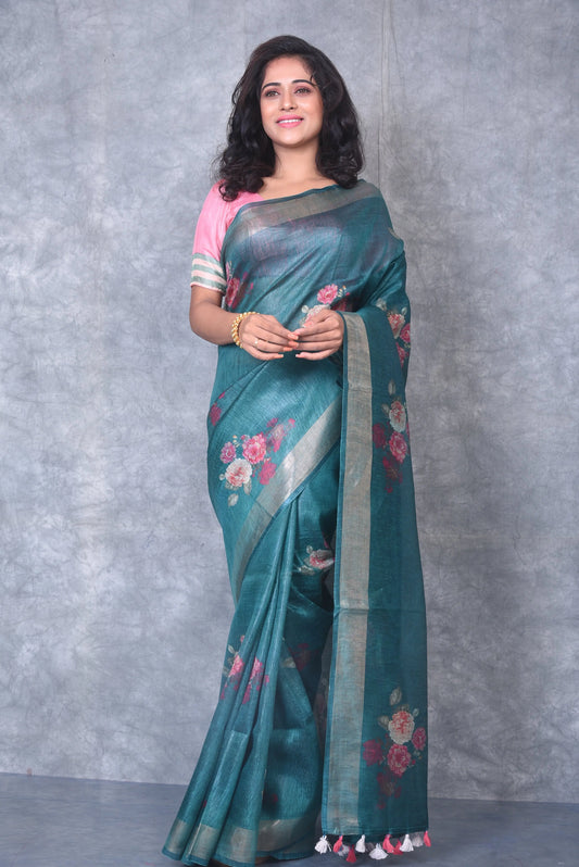Green Shade Floral Printed Silk Linen Saree | KIHUMS Saree kihums clothing