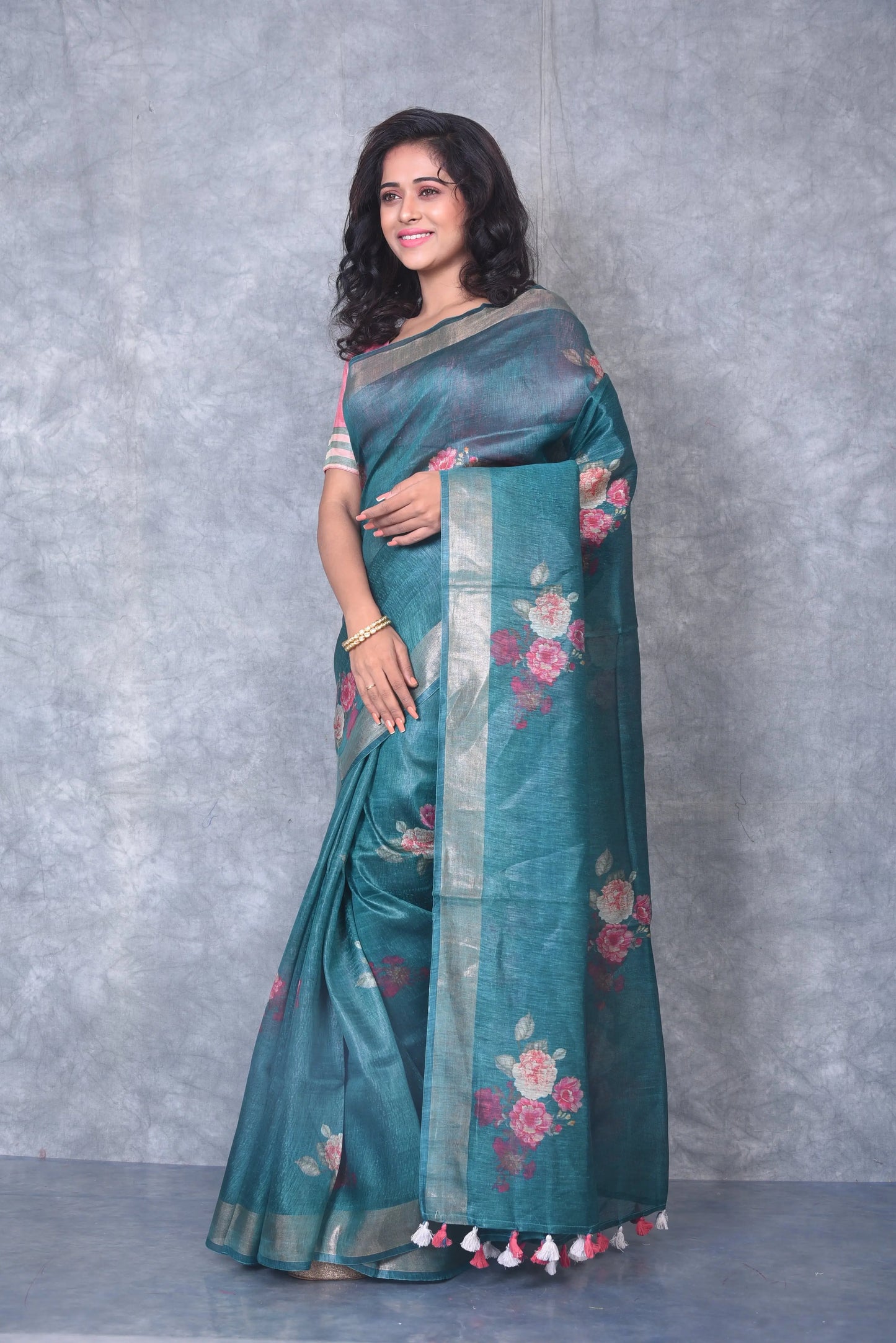 Green Shade Floral Printed Silk Linen Saree | KIHUMS Saree kihums clothing