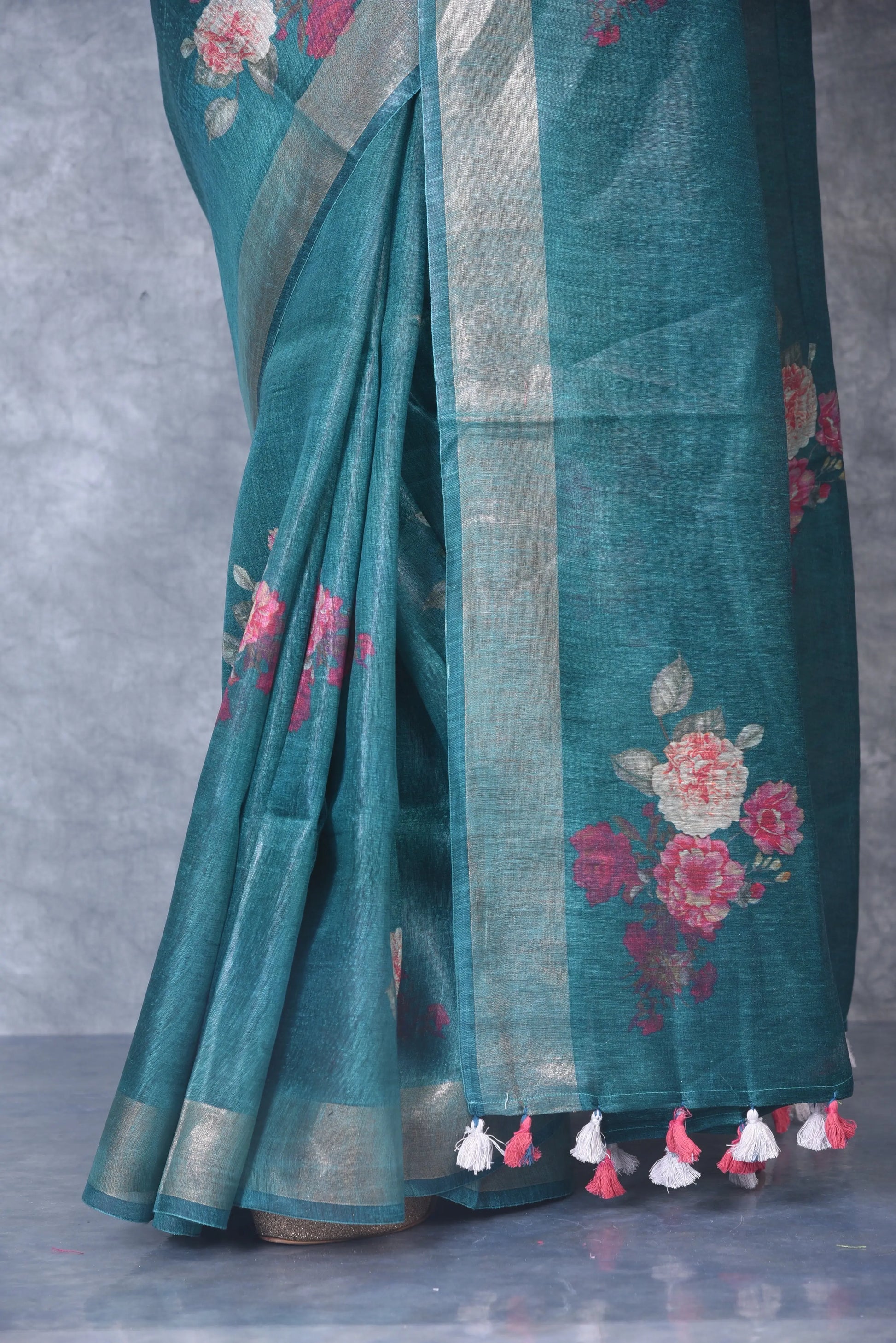 Green Shade Floral Printed Silk Linen Saree | KIHUMS Saree kihums clothing