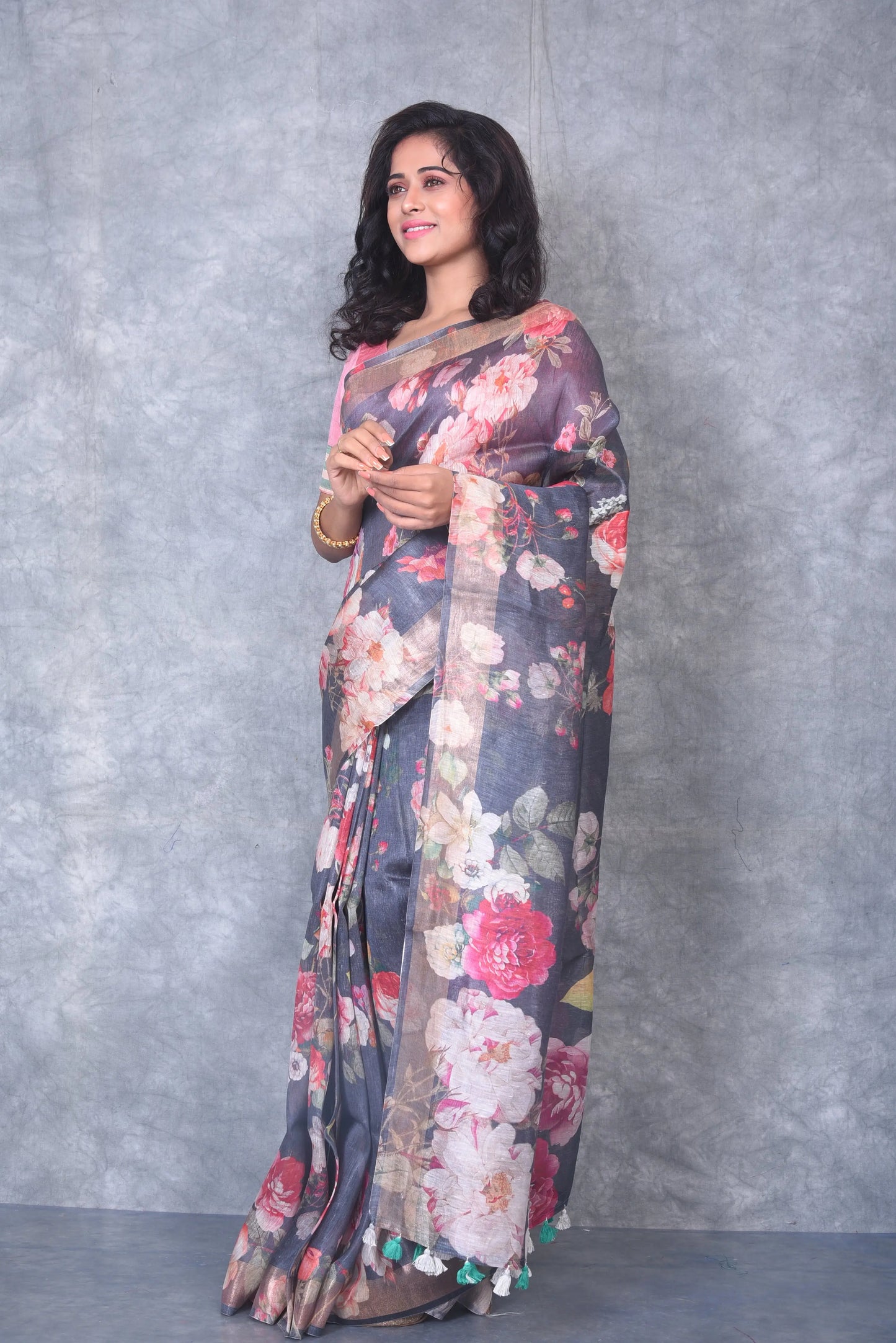Black Shade Floral Printed Silk Linen Saree | KIHUMS Saree kihums clothing