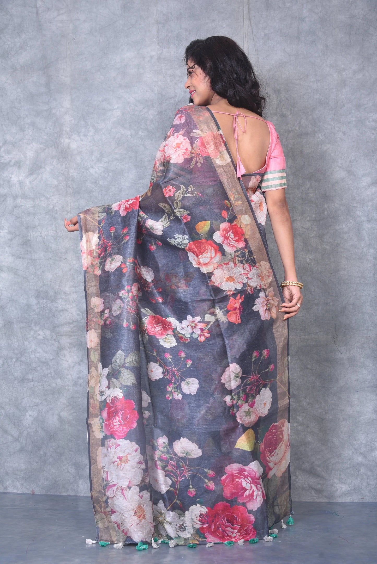 Black Shade Floral Printed Silk Linen Saree | KIHUMS Saree kihums clothing