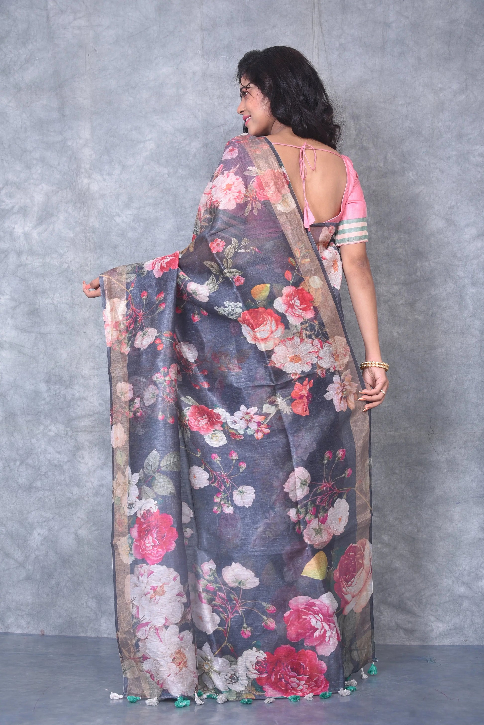 Black Shade Floral Printed Silk Linen Saree | KIHUMS Saree kihums clothing