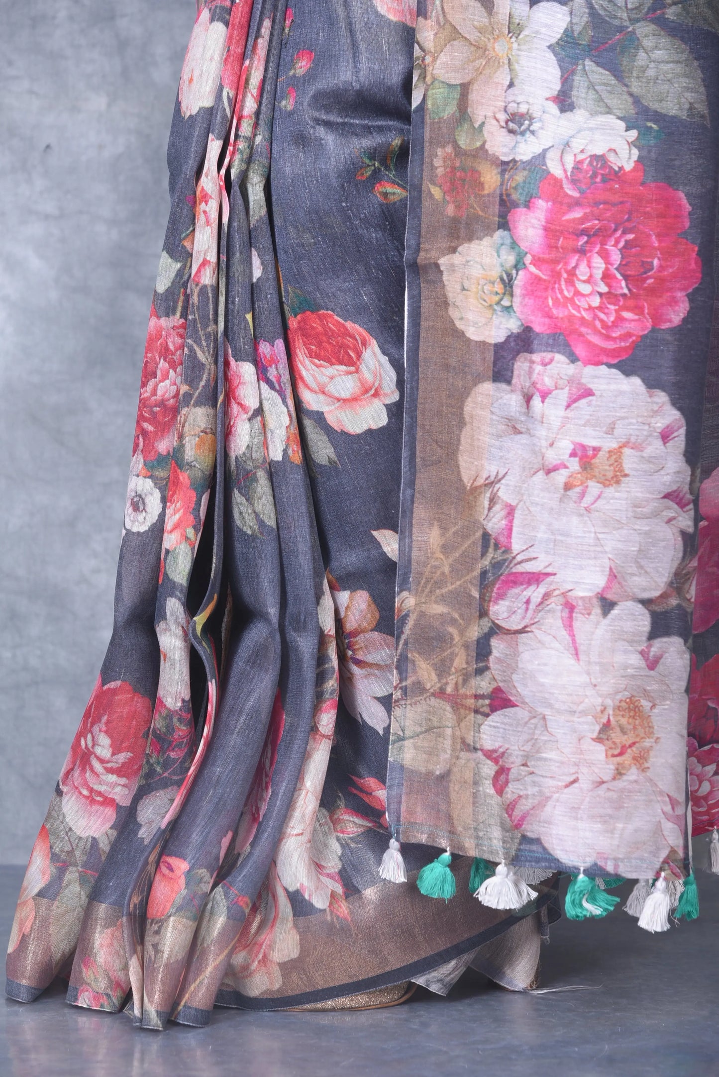 Black Shade Floral Printed Silk Linen Saree | KIHUMS Saree kihums clothing