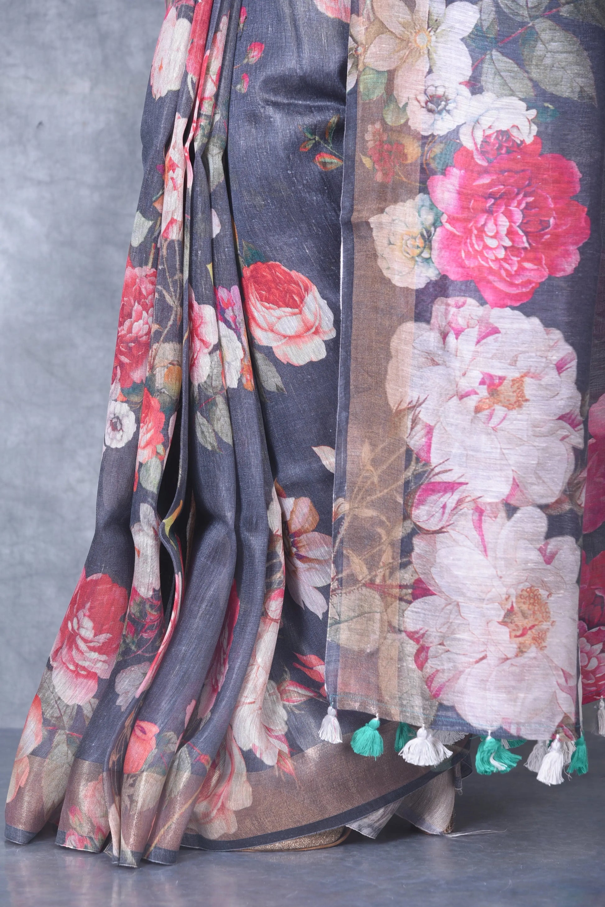 Black Shade Floral Printed Silk Linen Saree | KIHUMS Saree kihums clothing