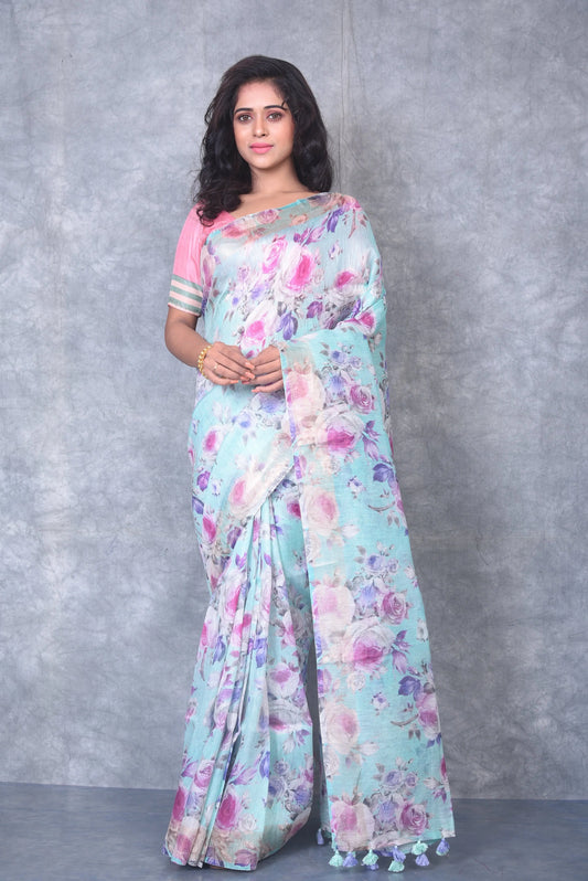 Light Blue shade Floral Printed Silk Linen Saree | KIHUMS Saree kihums clothing