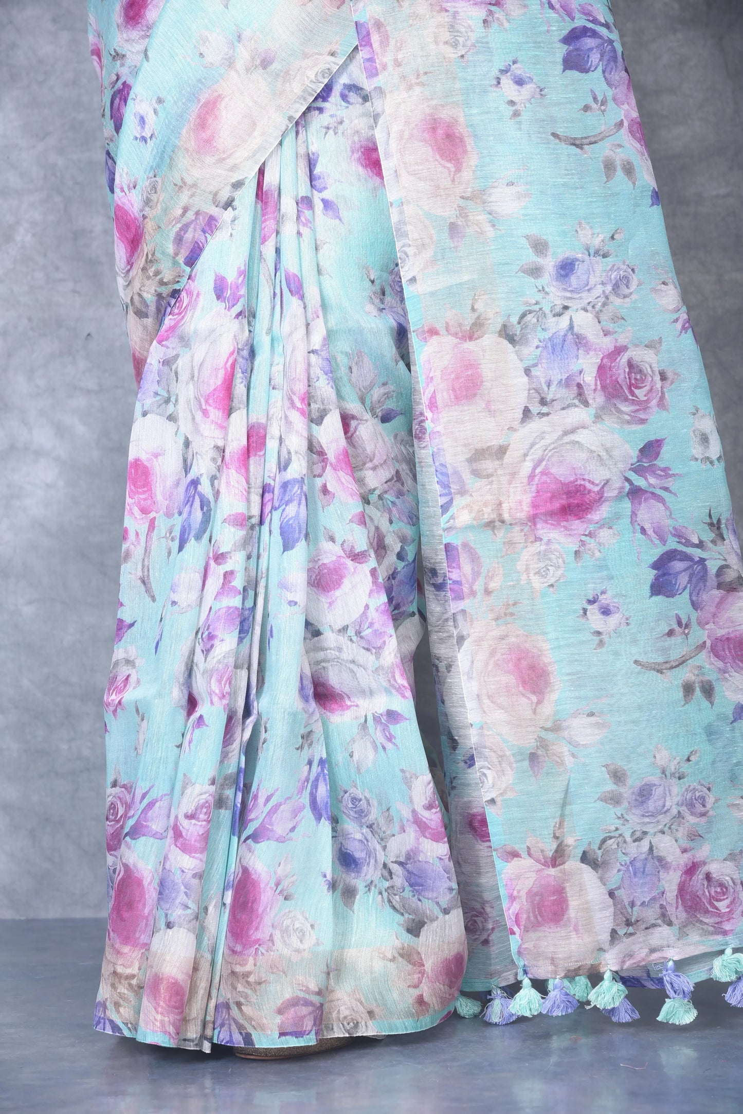 Light Blue shade Floral Printed Silk Linen Saree | KIHUMS Saree kihums clothing