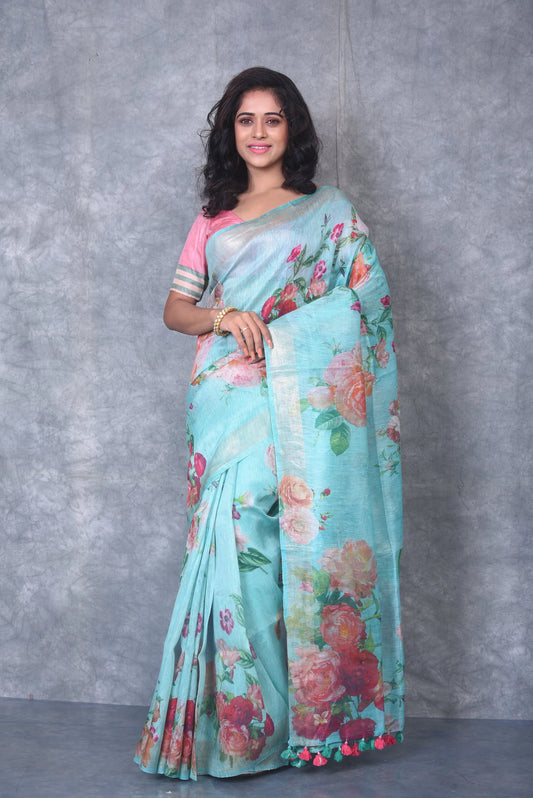 Light Turquoise shade Floral Printed Silk Linen Saree | KIHUMS Saree kihums clothing