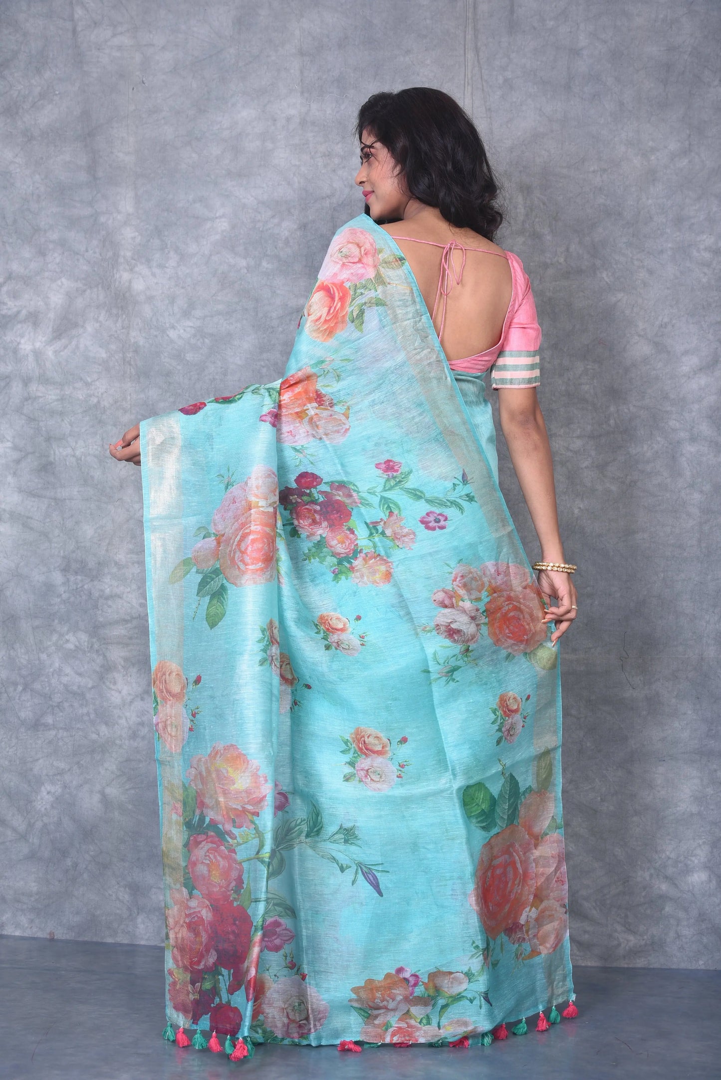 Light Turquoise shade Floral Printed Silk Linen Saree | KIHUMS Saree kihums clothing
