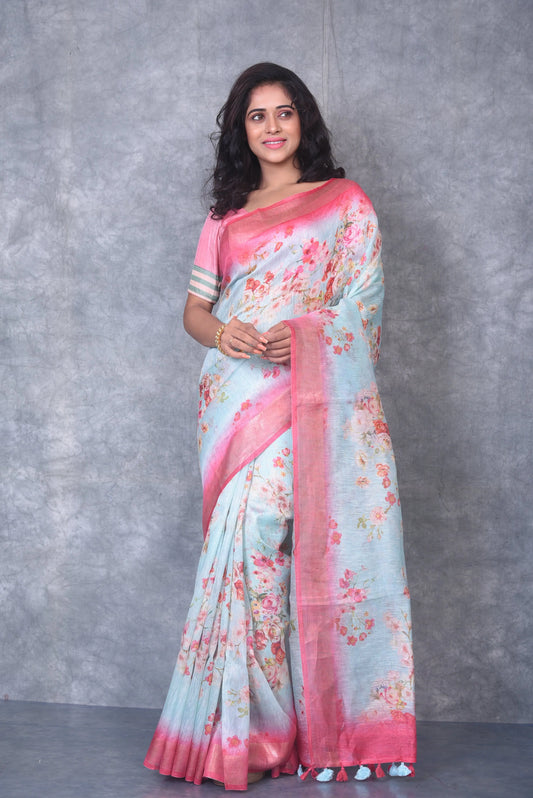 Light Blue shade Floral Printed Silk Linen Saree | KIHUMS Saree kihums clothing