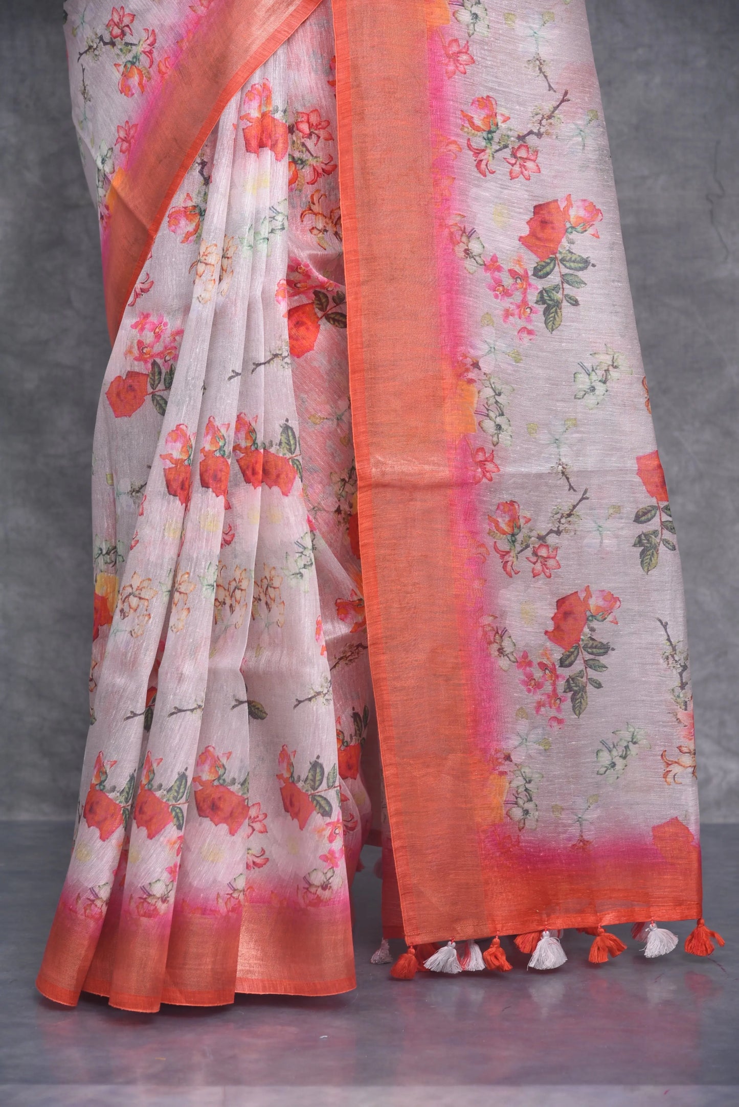 Light peach shade Floral Printed Silk Linen Saree | KIHUMS Saree kihums clothing