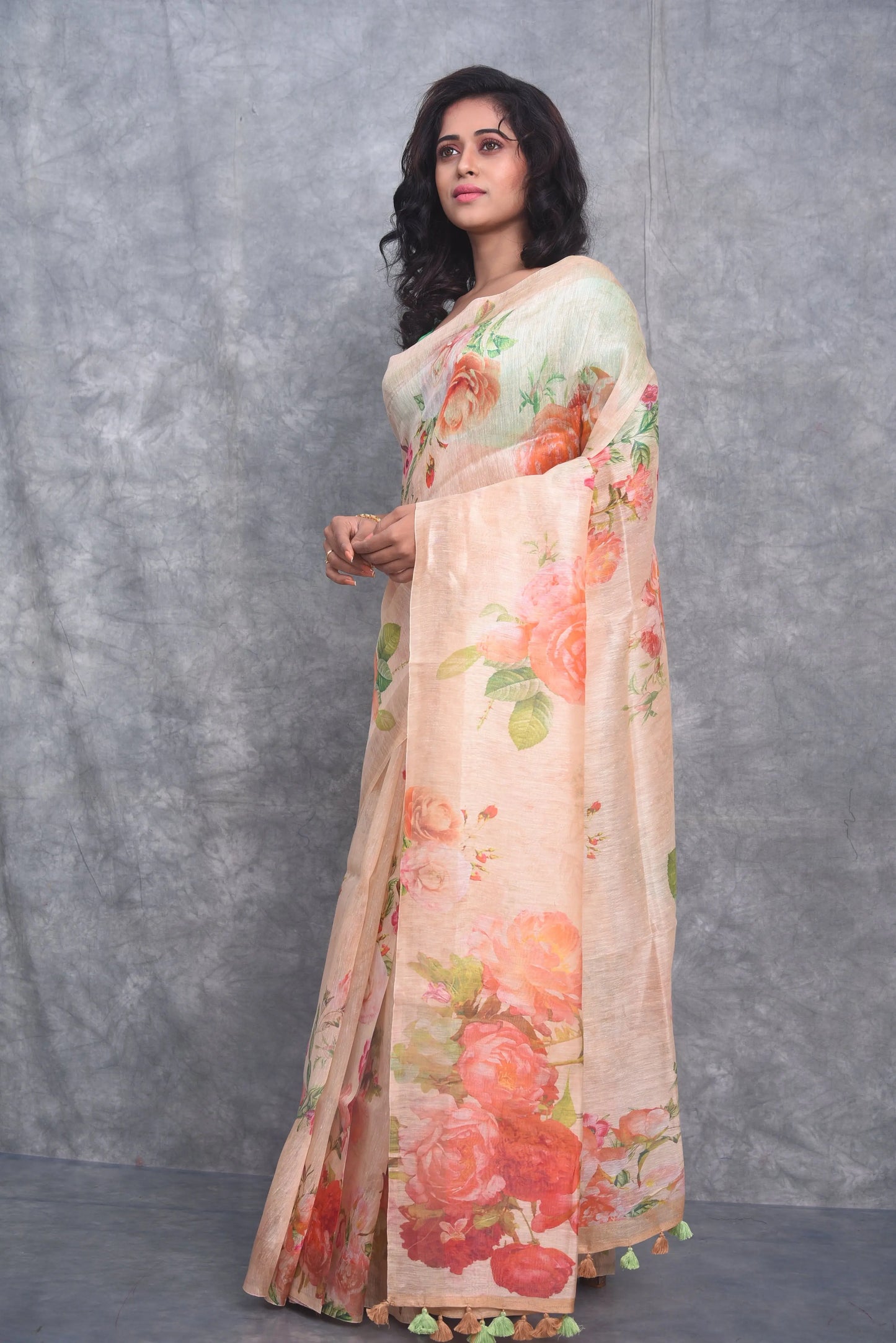 Pastel Peach shade Floral Printed Silk Linen Saree | KIHUMS Saree kihums clothing