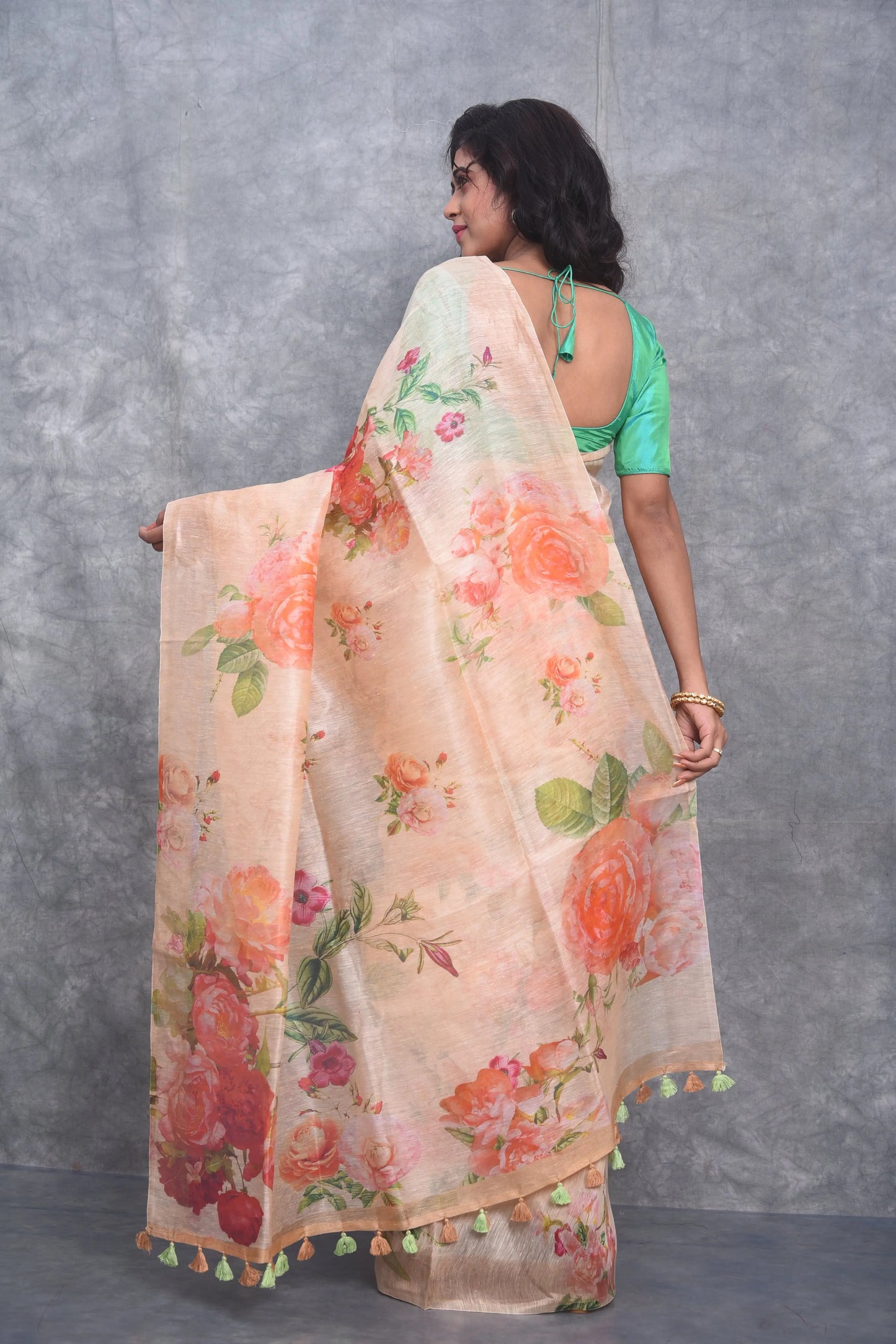 Pastel Peach shade Floral Printed Silk Linen Saree | KIHUMS Saree kihums clothing