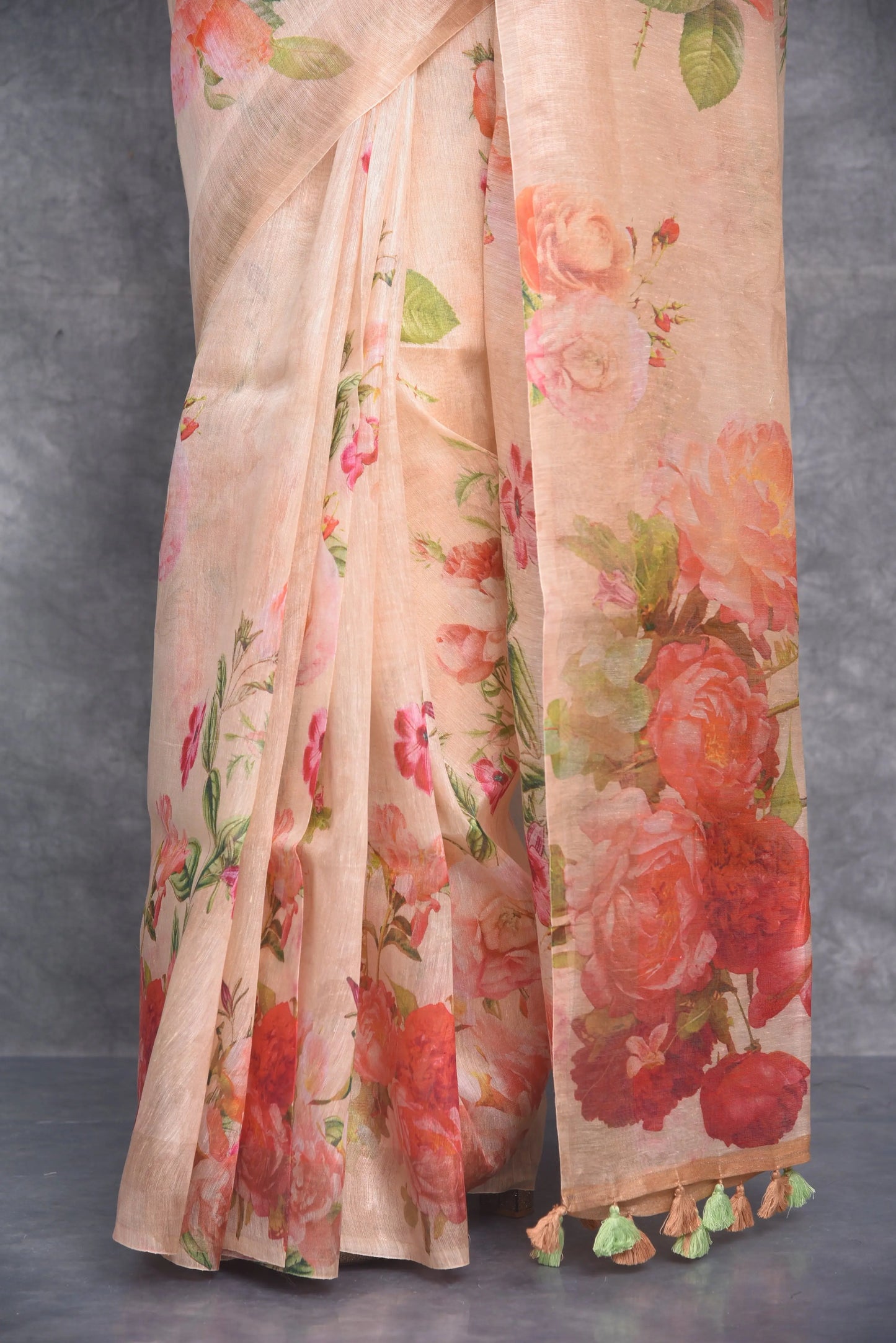 Pastel Peach shade Floral Printed Silk Linen Saree | KIHUMS Saree kihums clothing
