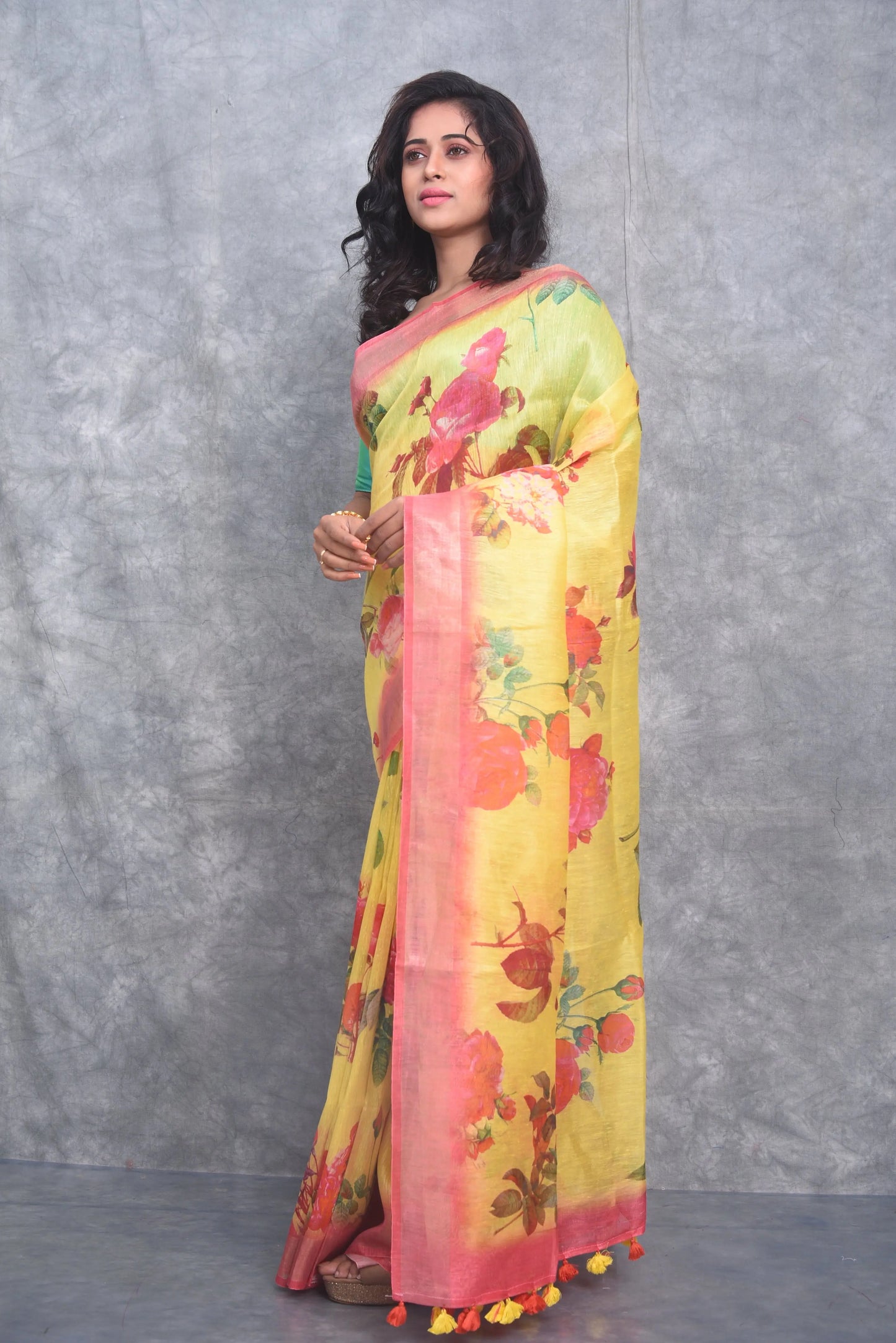Yellow shade Floral Printed Silk Linen Saree | KIHUMS Saree kihums clothing
