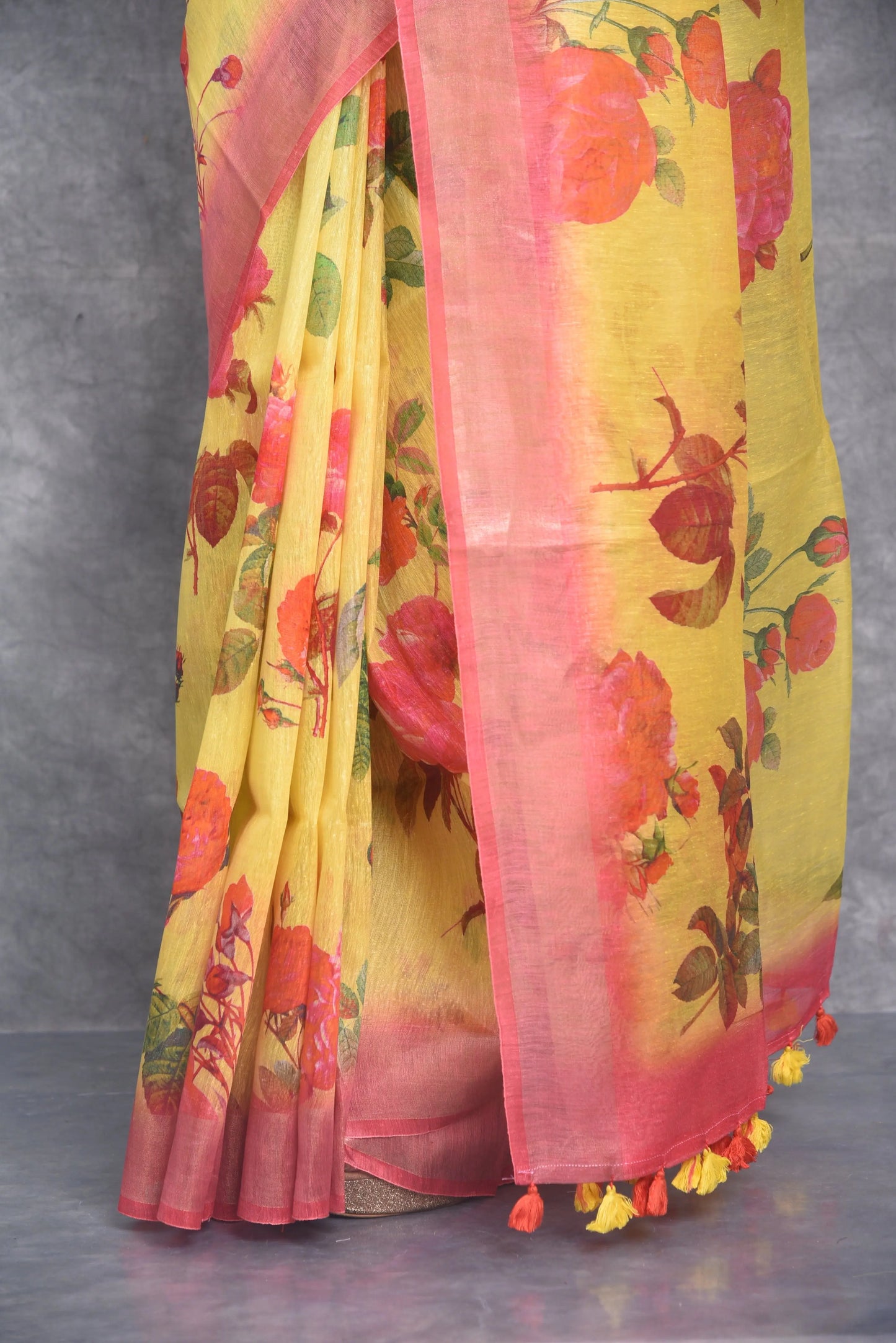Yellow shade Floral Printed Silk Linen Saree | KIHUMS Saree kihums clothing