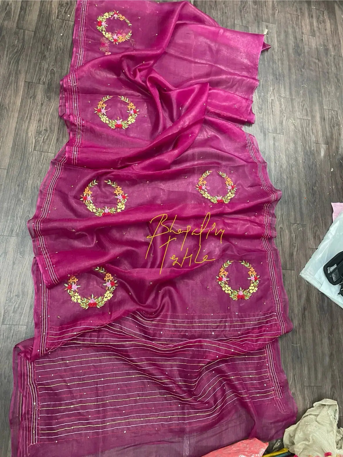 PINK Handwoven Organza Saree with Hand Embroidery Work | KIHUMS Saree kihums clothing