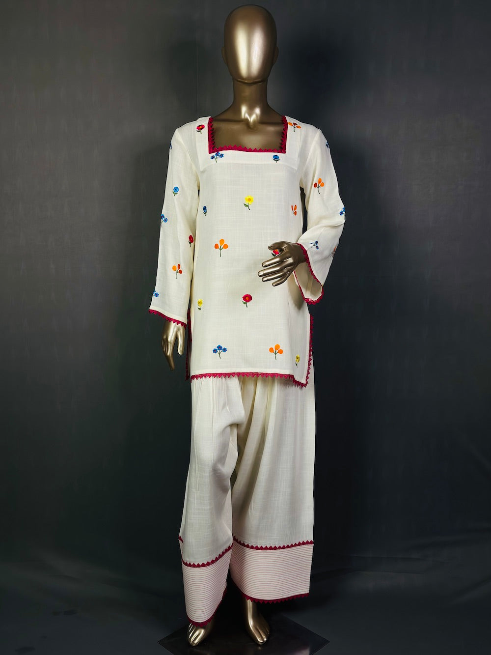 MEHMAL Off White Resham Thread Embroidered Farshi Shalwar