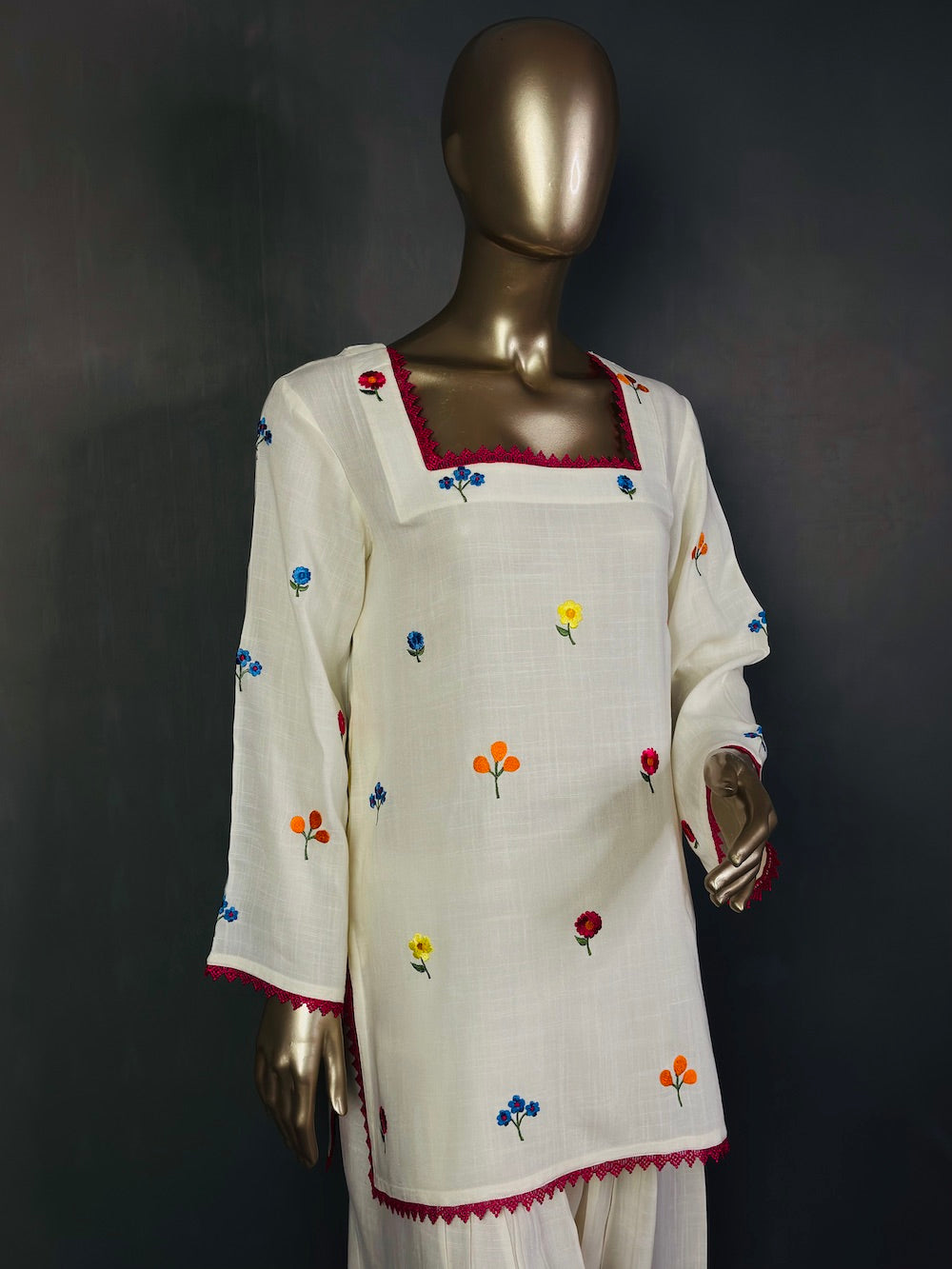 MEHMAL Off White Resham Thread Embroidered Farshi Shalwar