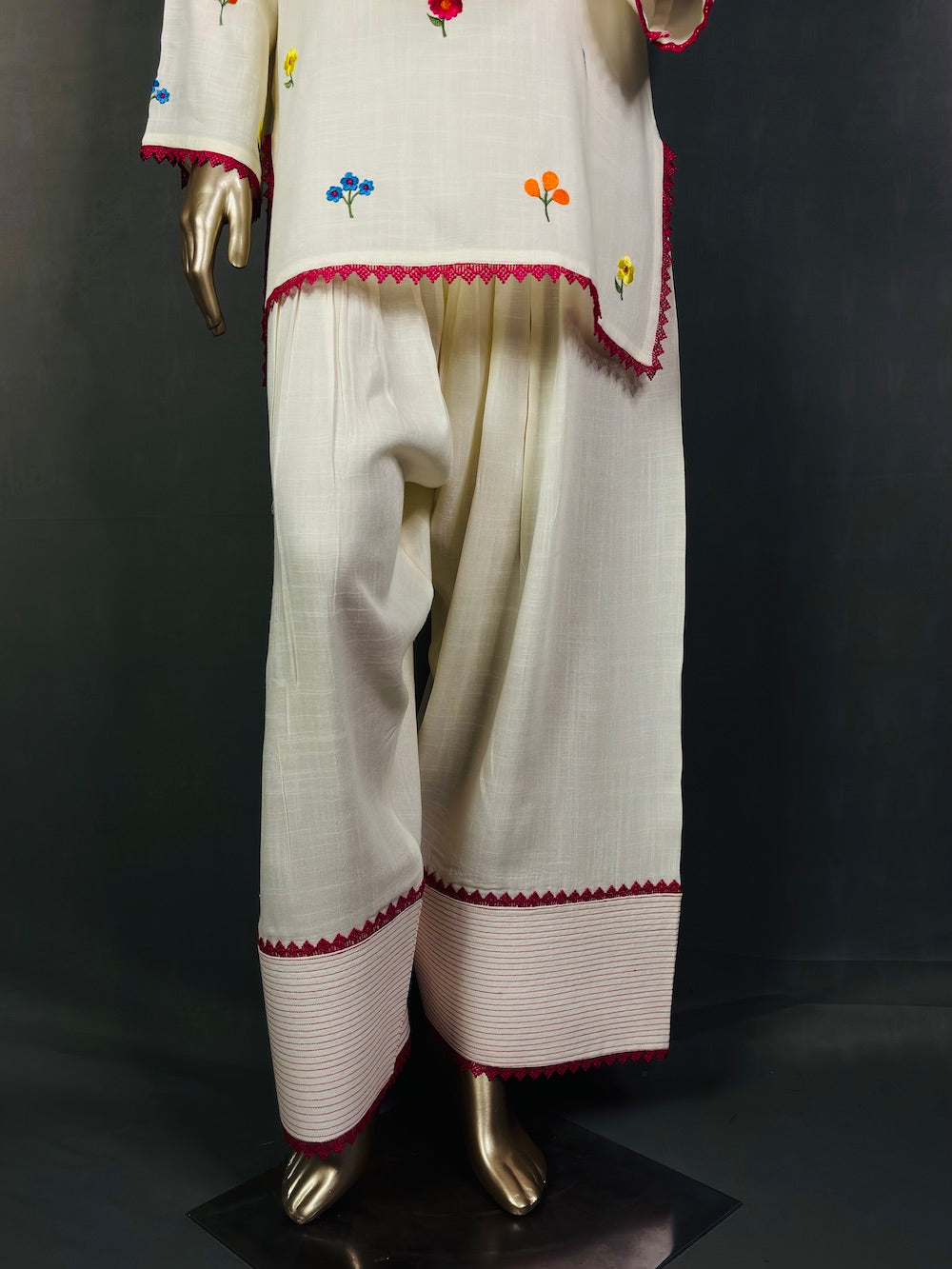 MEHMAL Off White Resham Thread Embroidered Farshi Shalwar