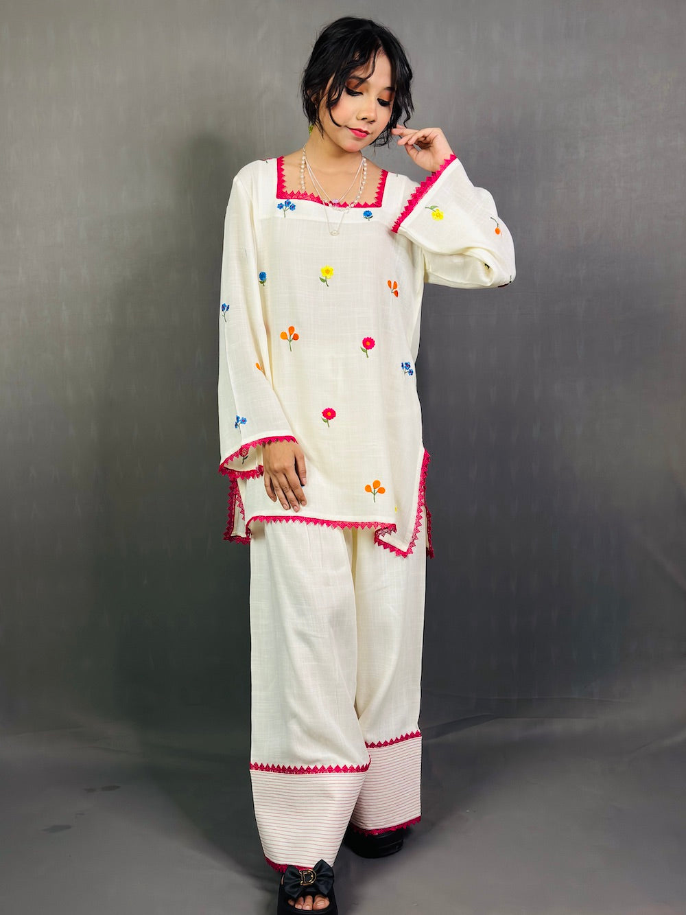 MEHMAL Off White Resham Thread Embroidered Farshi Shalwar