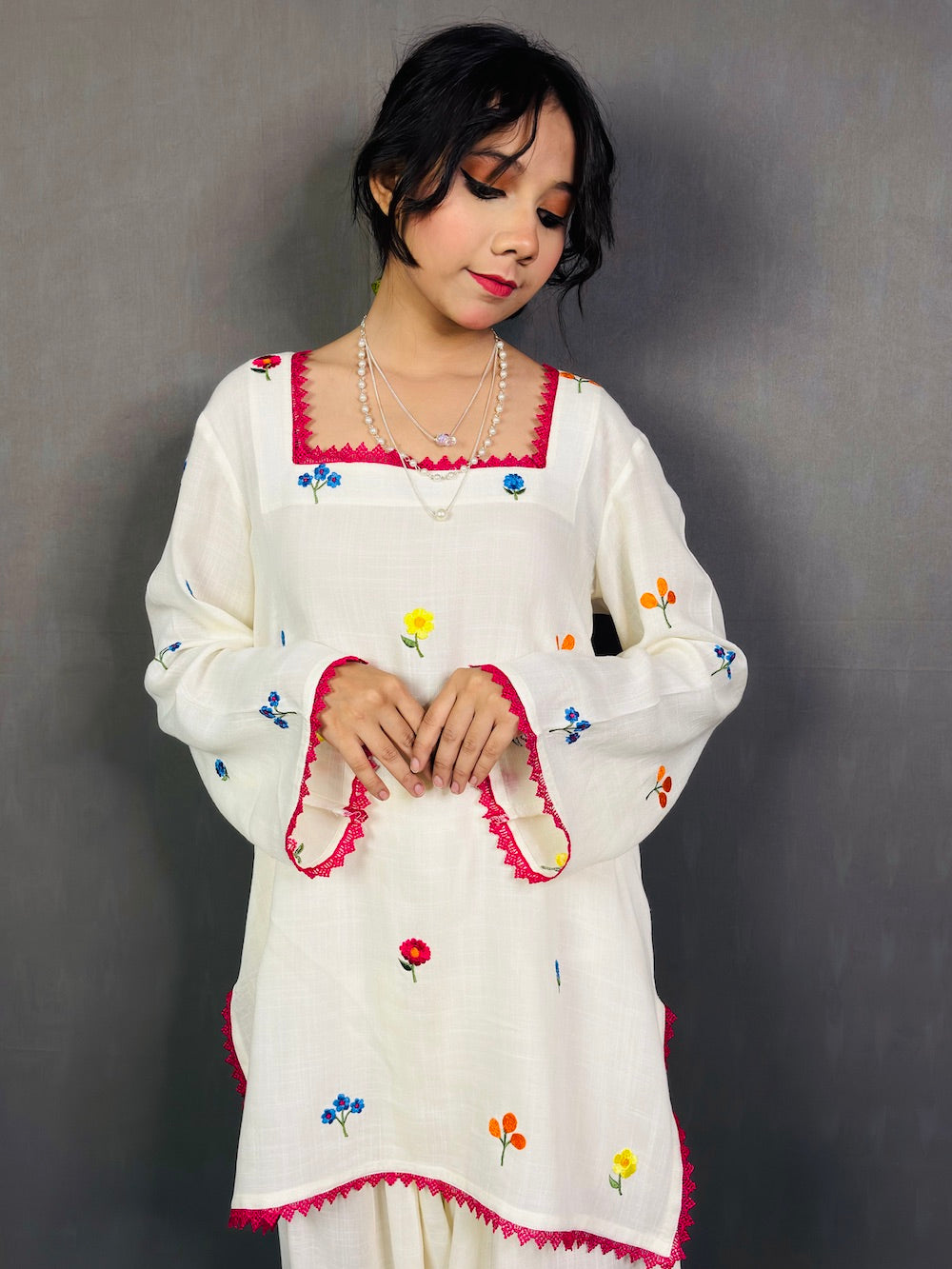 MEHMAL Off White Resham Thread Embroidered Farshi Shalwar
