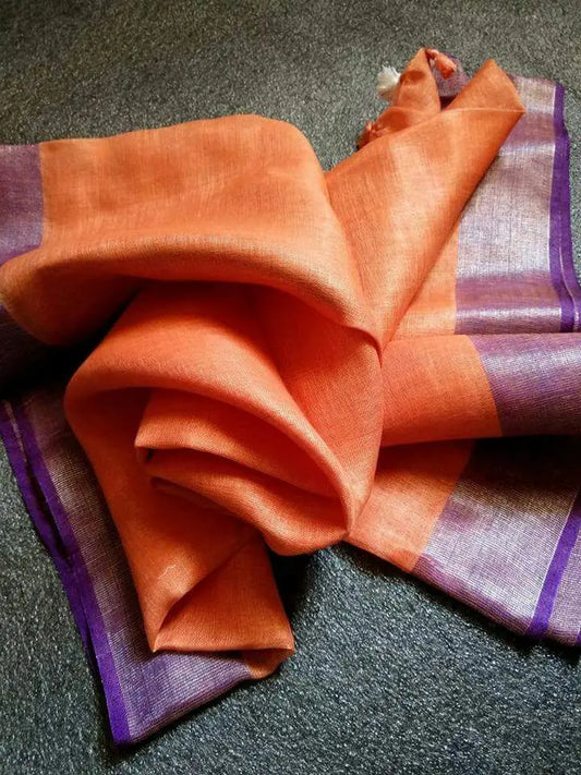 LINEN DUPATTA: Orange Linen Dupatta with Silver Zari and with Tassels | KIHUMS Dupatta kihums clothing